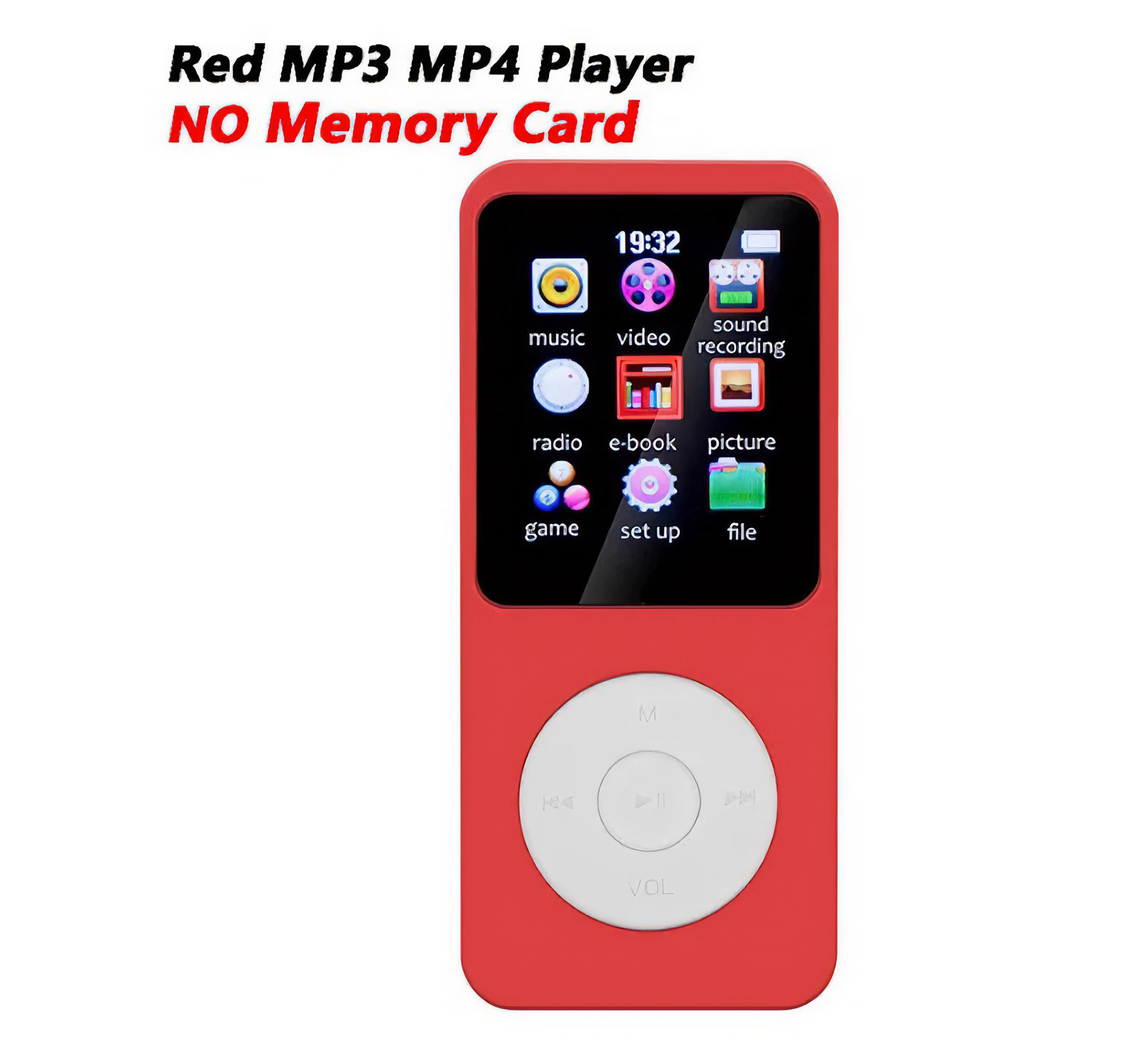 Ein roter MP3 MP4-Player mit weißer Oberfläche und Bildschirm, beschriftet 'NO Memory Card' auf Weiß.