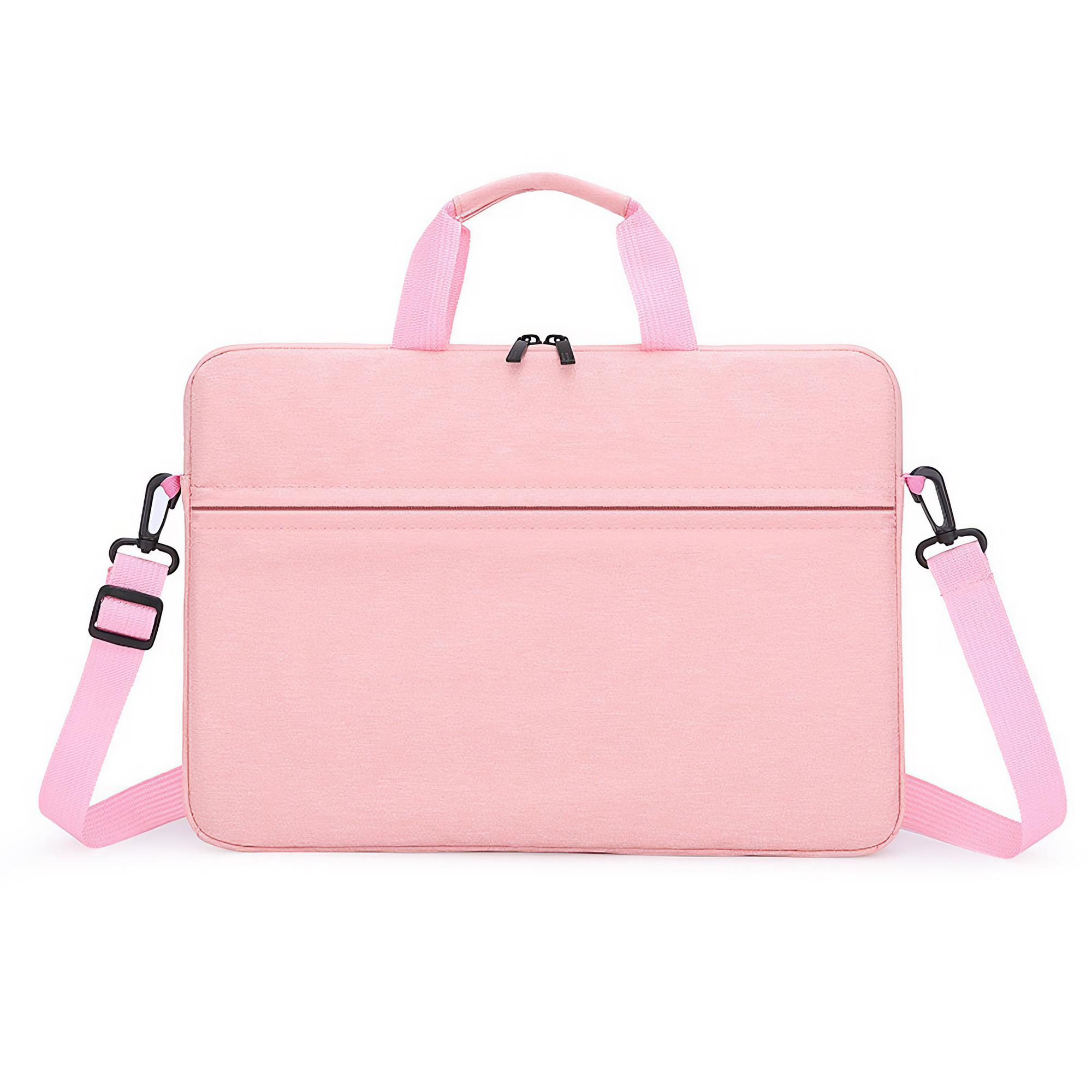 Eine rosa Laptoptasche mit Schultergurt und Griffen wird auf weißem Hintergrund gezeigt.