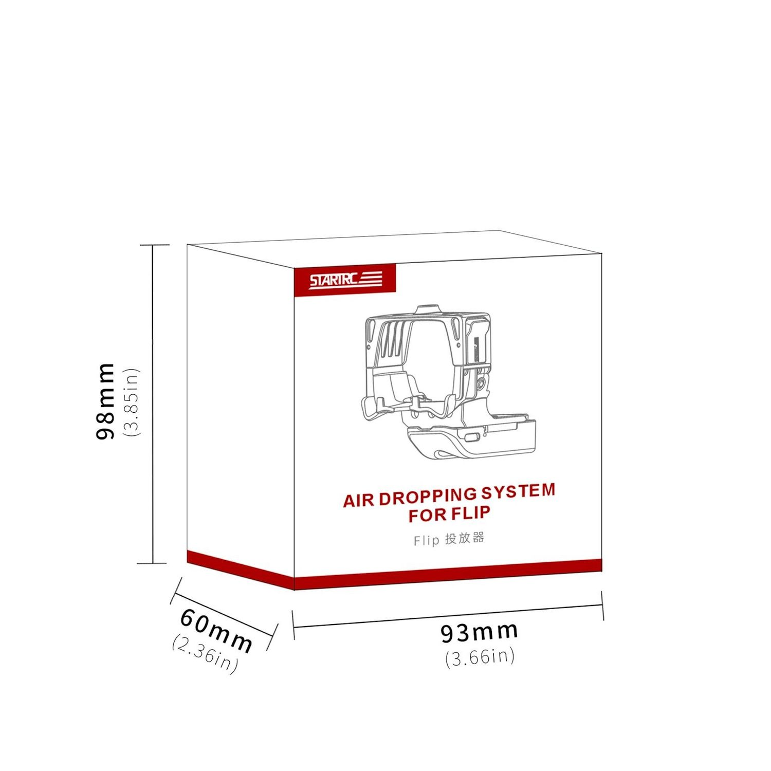 Produktbox mit Abmessungen und einer Grafik eines Drohnenzubehörs.