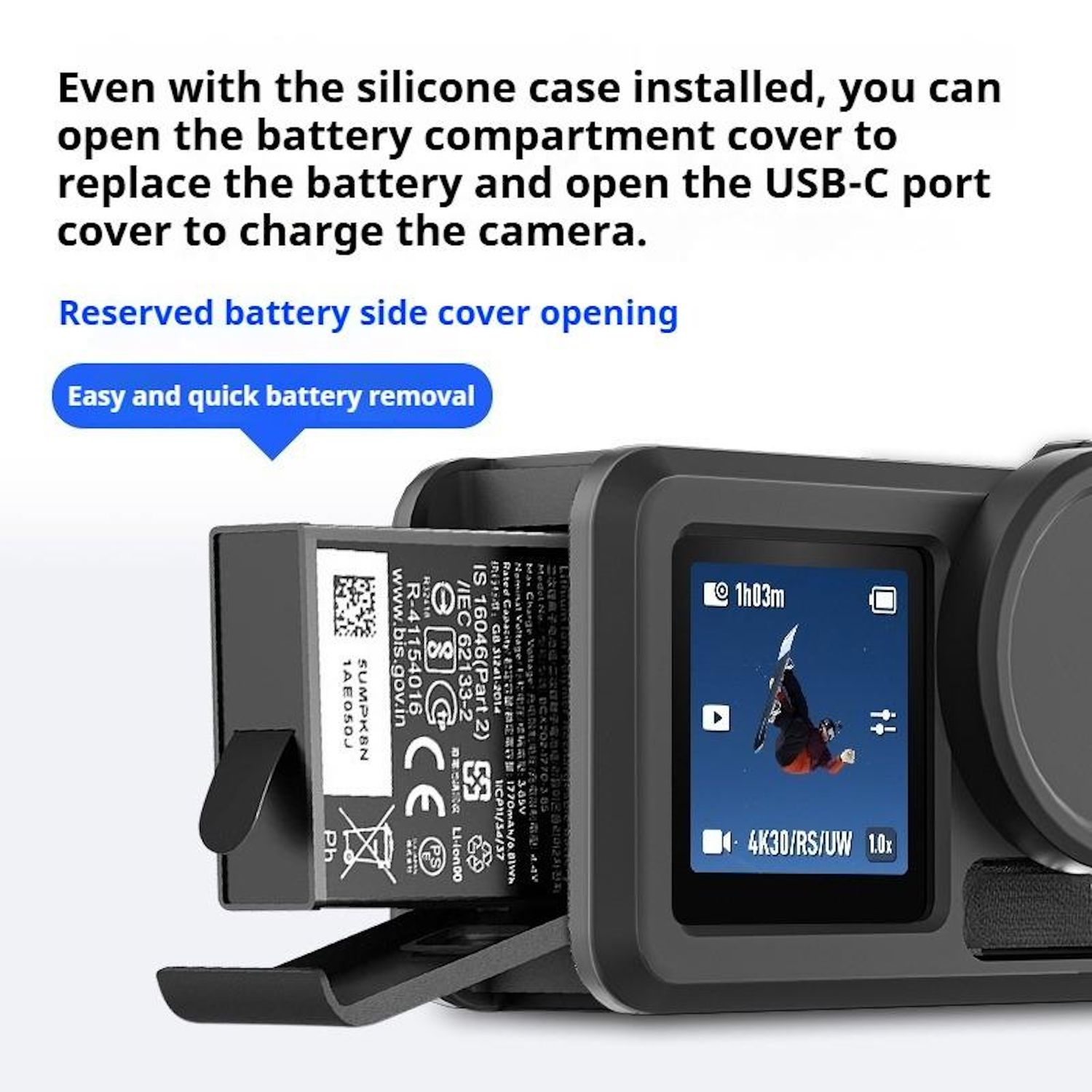 Anweisungen zum Batteriewechsel der Action-Kamera. Zeigt Batterie und Bildschirm mit Anzeige.