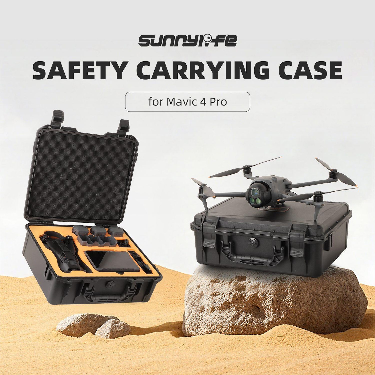 Valigetta nera aperta con drone e accessori, e un drone su una roccia.