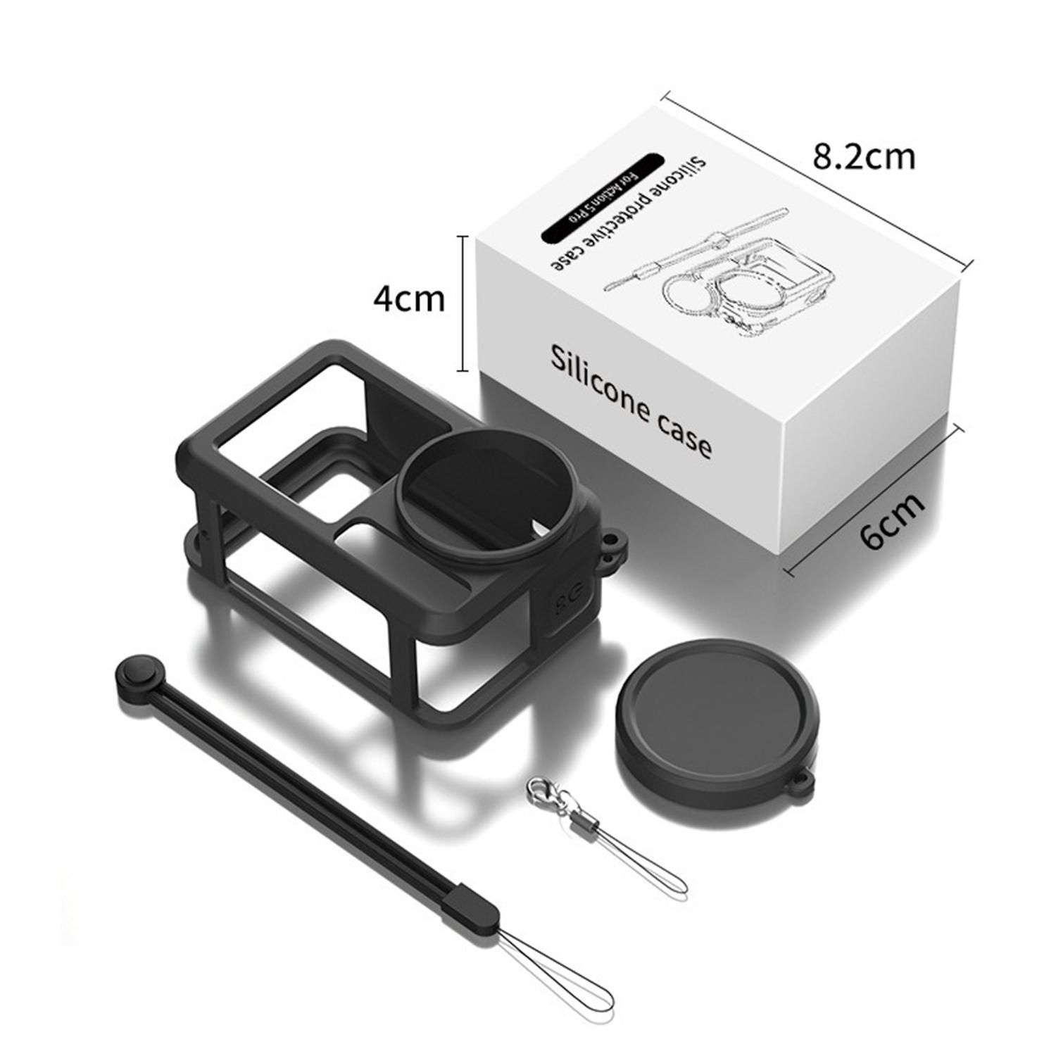 Gabbia in silicone nero per fotocamera, copriobiettivo e cinturino da polso sono esposti con una scatola bianca.
