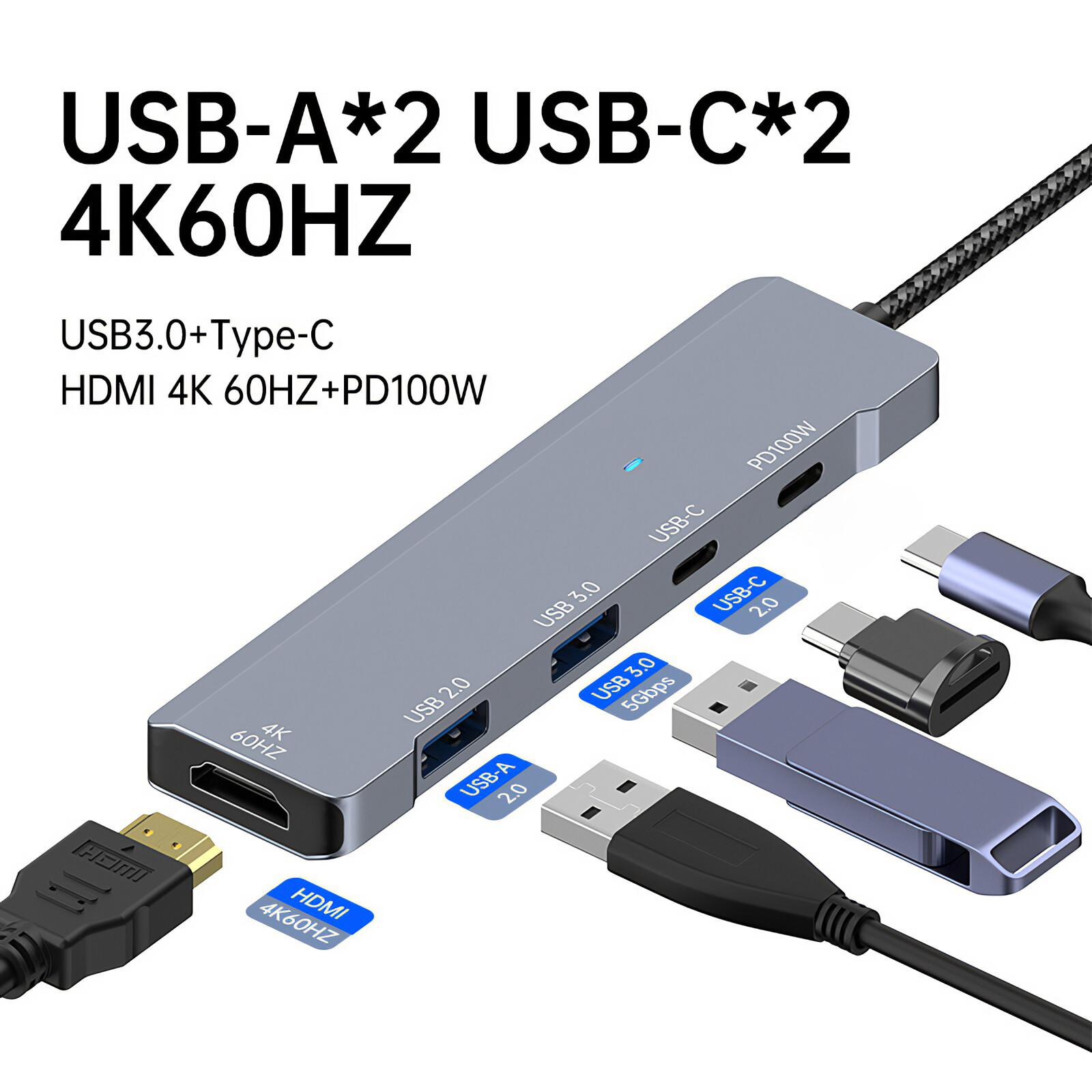 USB-Hub mit mehreren Anschlüssen, einschließlich USB-A, USB-C und HDMI. Verfügt über 4K60HZ und PD100W.