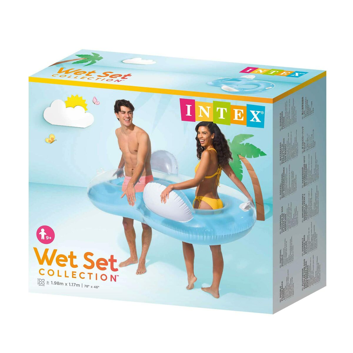 Eine Box zeigt ein Paar, das einen blauen Poolschwimmer benutzt. Der Text auf der Box lautet 'Wet Set Collection' und 'Intex'.