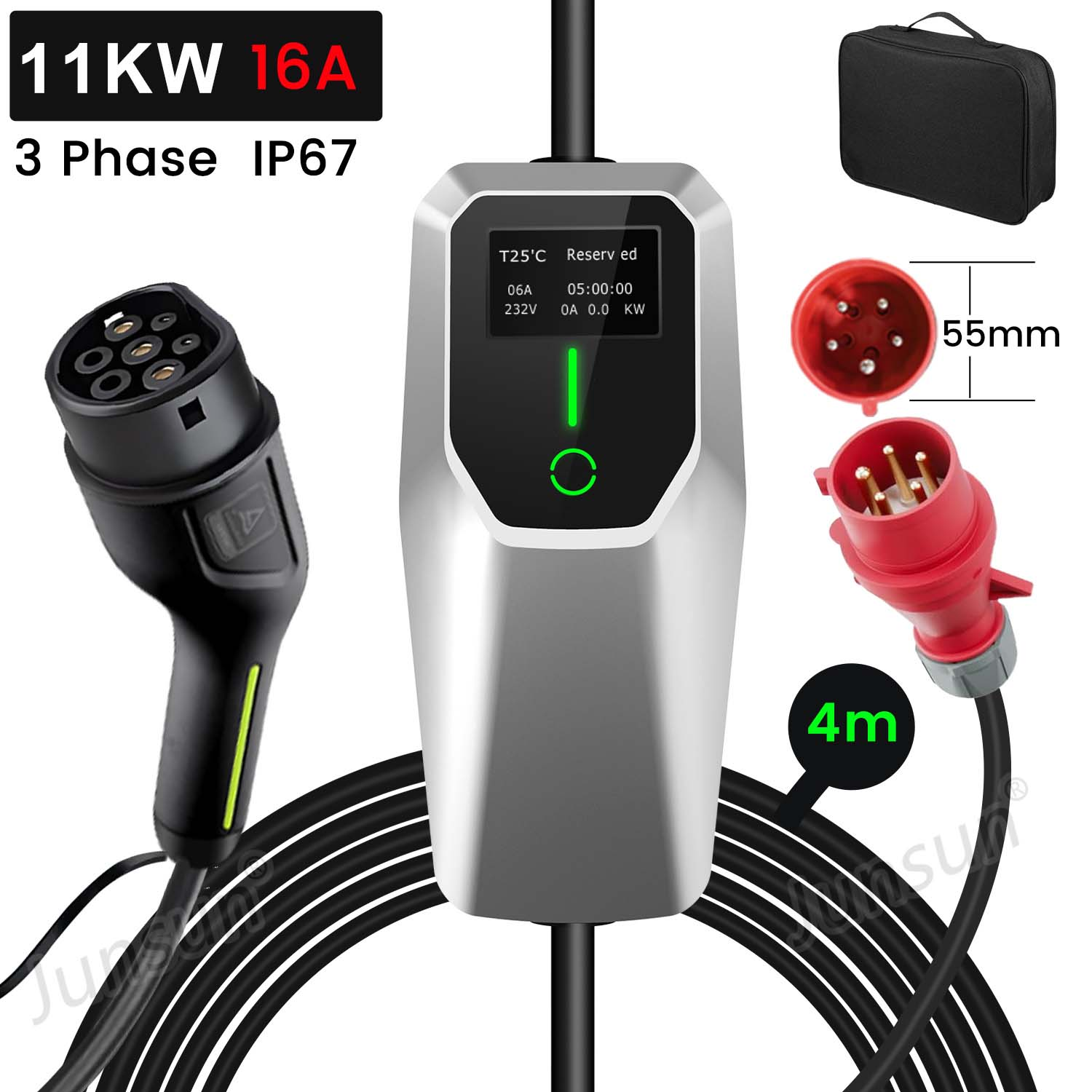 Ładowarka EV z wieloma złączami i wyświetlaczem cyfrowym. Napis '11KW 16A'.