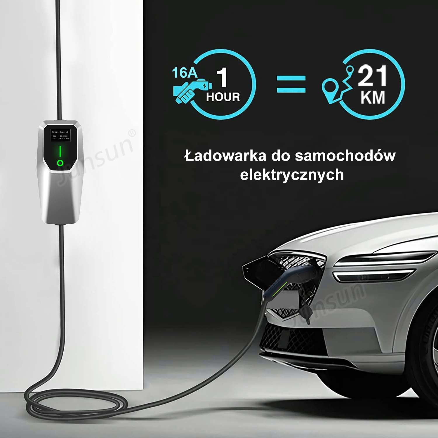 Ładowarka EV podłączona do samochodu. Tekst mówi '16A 1 GODZINA = 21 KM'.