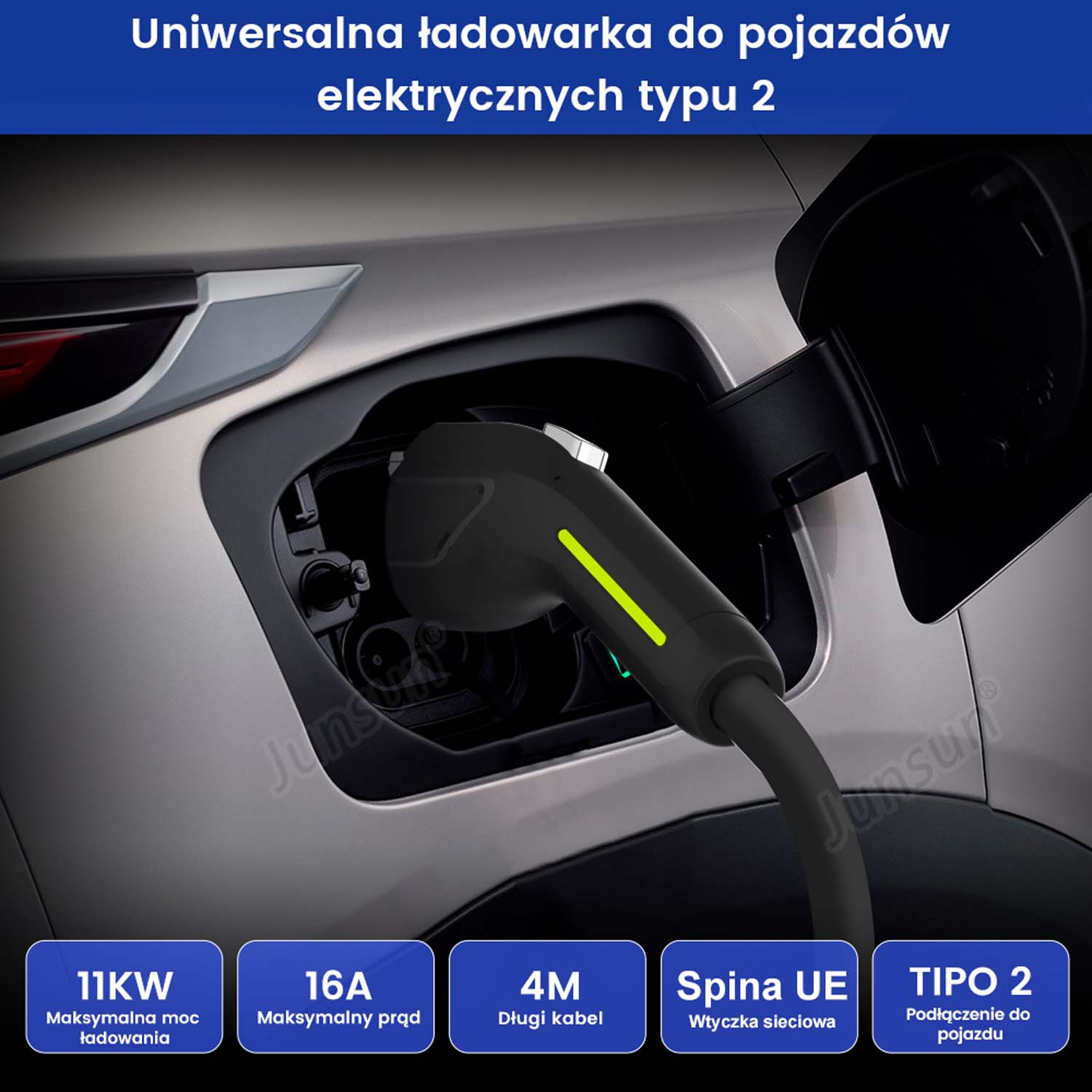 Ładowarka do samochodu elektrycznego jest podłączona do samochodu. Ładowarka jest czarna z zielonym światłem.