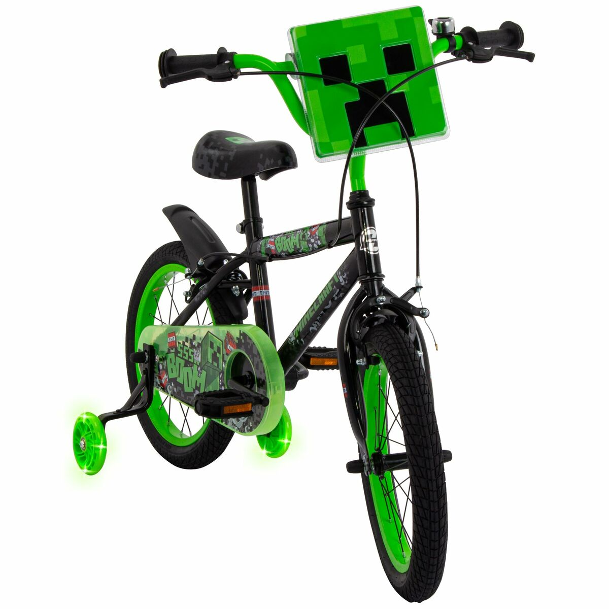 Una bici a tema Minecraft con rotelle. È nera e verde, con la faccia di un creeper sul manubrio.