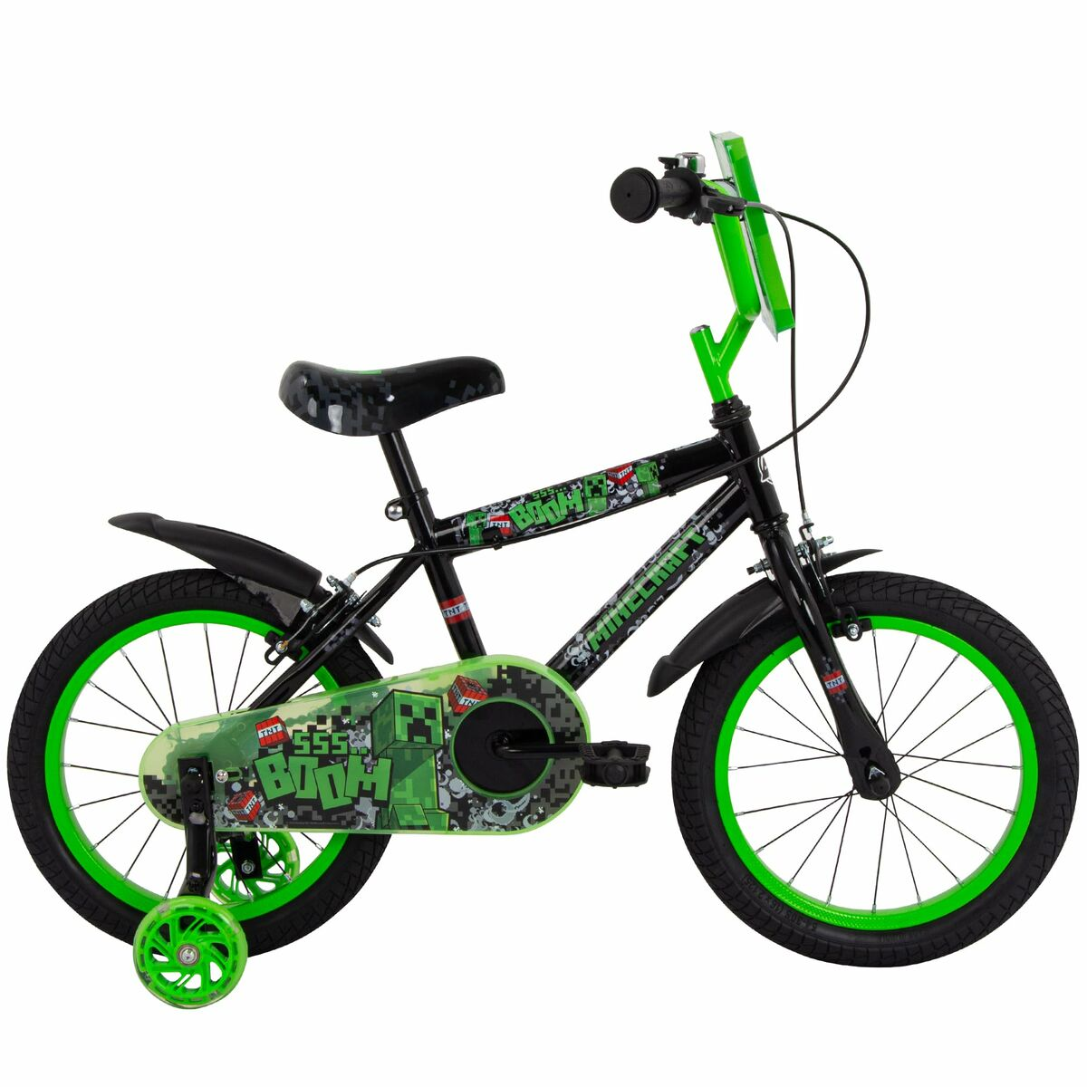 Una bici a tema Minecraft con rotelle, nera e verde, con un design creeper e la parola 'BOOM'.