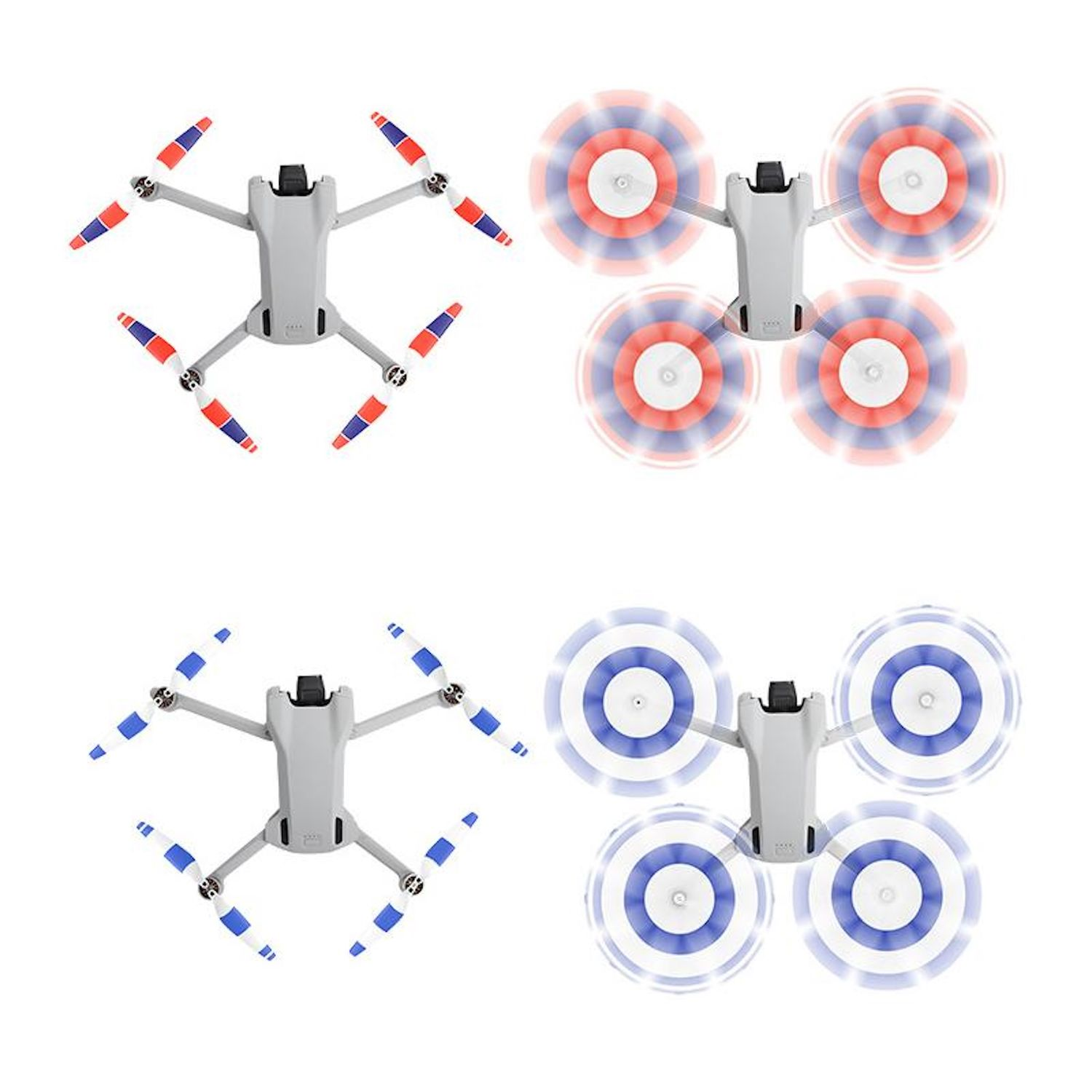 Quattro droni con eliche rotanti. I droni sono grigi e ognuno ha eliche di colori diversi.
