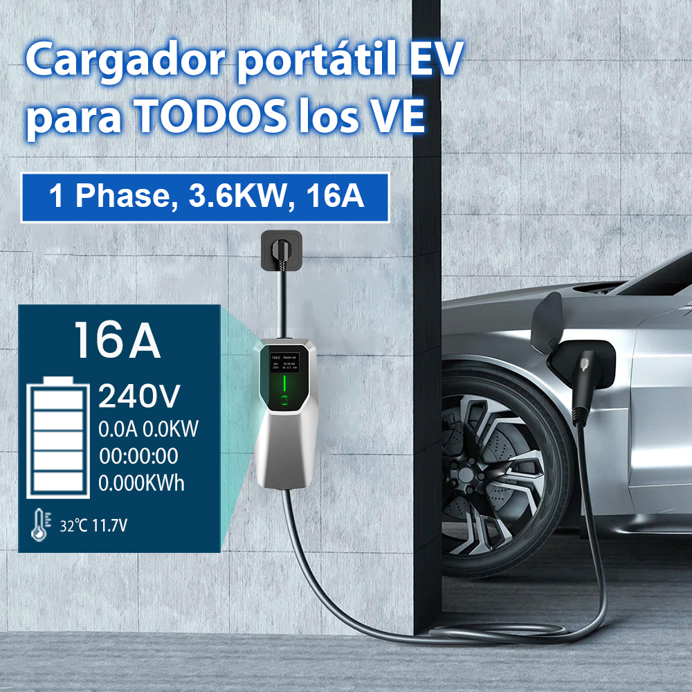 Cargador de vehículo eléctrico conectado a un coche. El cargador muestra información y el texto superior dice 'Cargador portátil EV'.