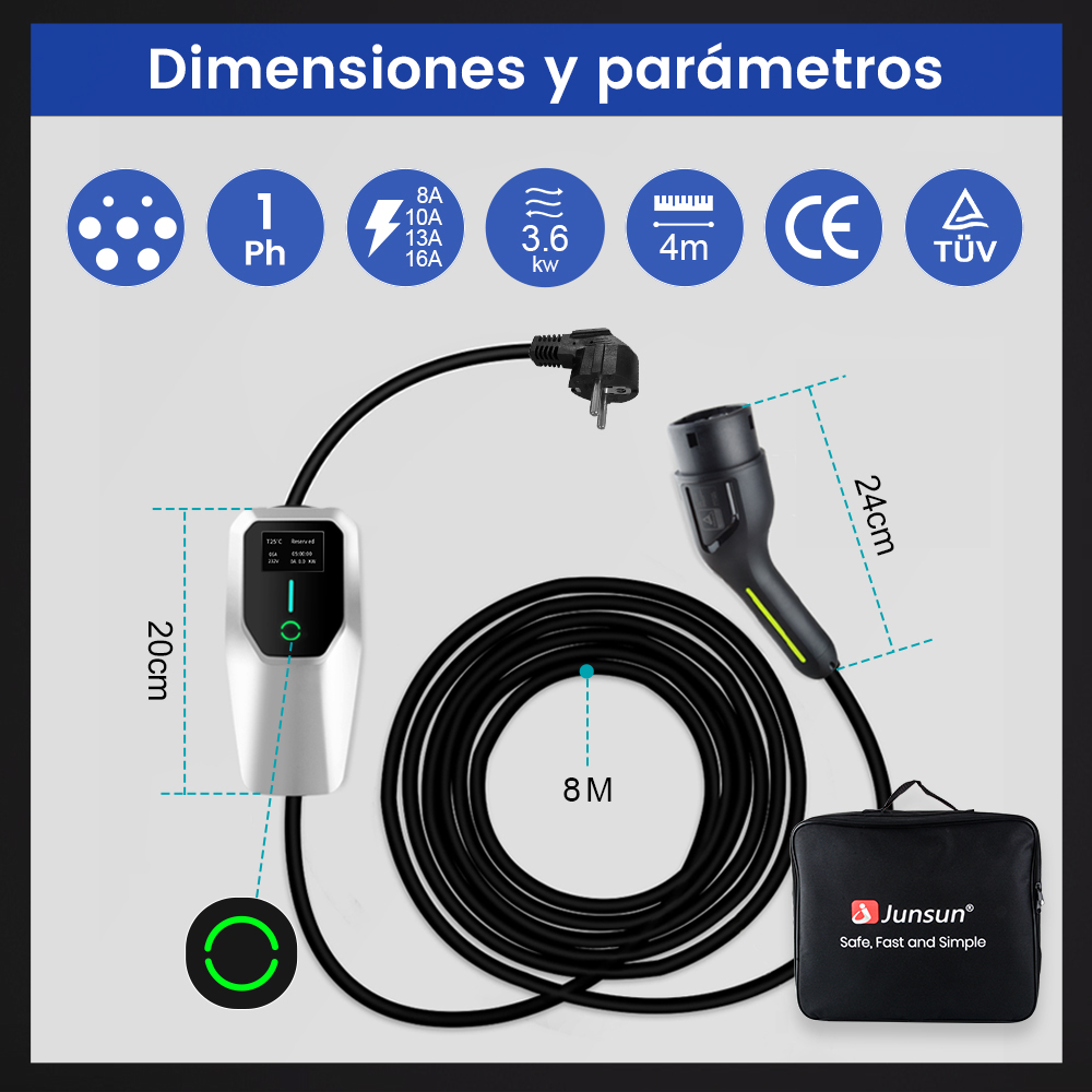 Diagrama de un cargador de vehículo eléctrico con dimensiones y parámetros. Muestra mediciones, un cable y una bolsa negra.