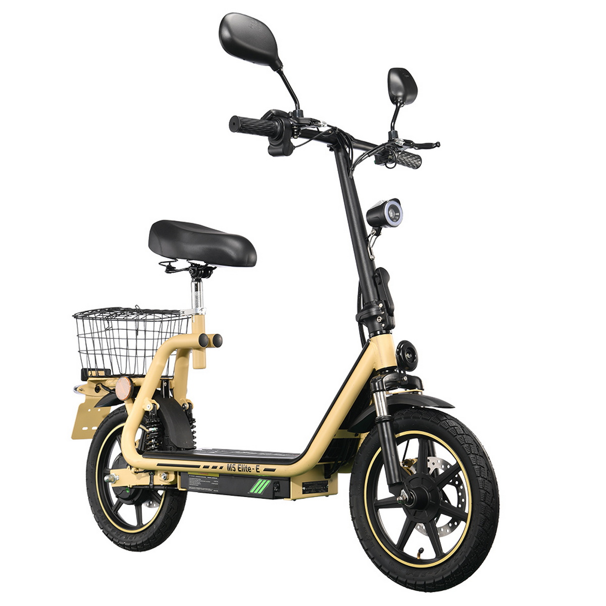 Beige Elektroroller mit schwarzen Details, Sitz, Korb und Spiegeln. Frontlicht sichtbar.