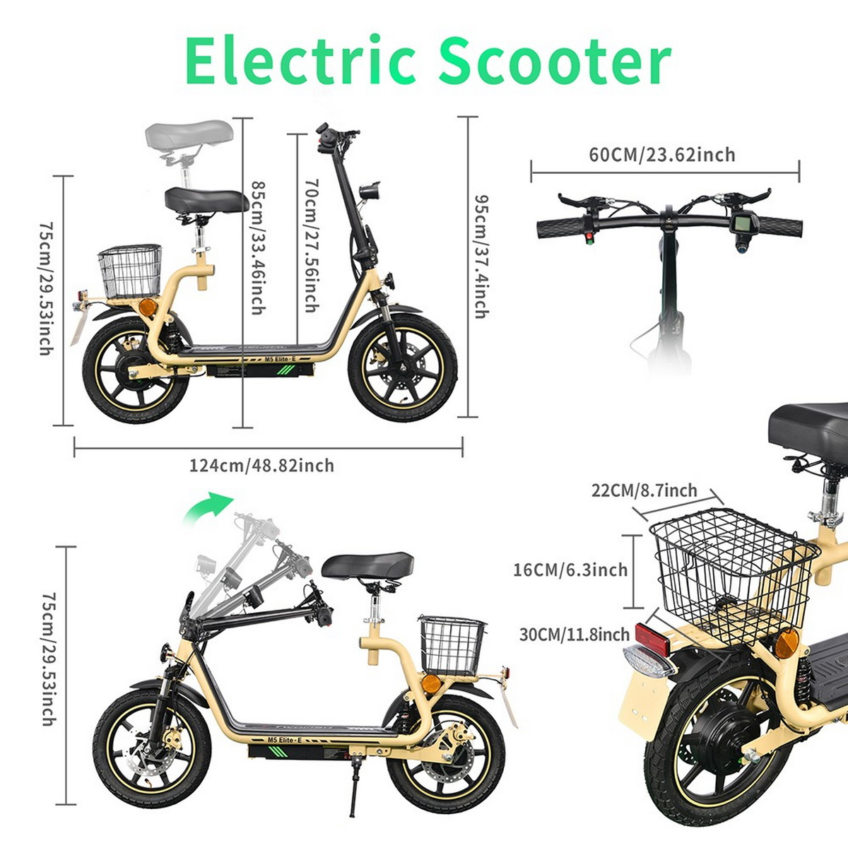 Diagramm eines Elektrorollers mit Abmessungen und Maßen. Zeigt Rollerlänge, Höhe und Lenkerbreite.