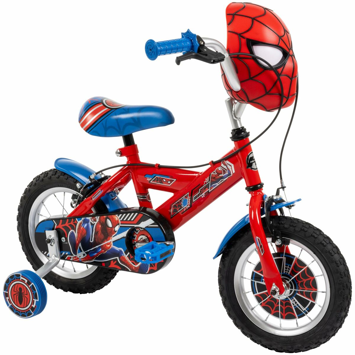 Una bici rossa di Spiderman con rotelle. Presenta una maschera di Spiderman sul manubrio.