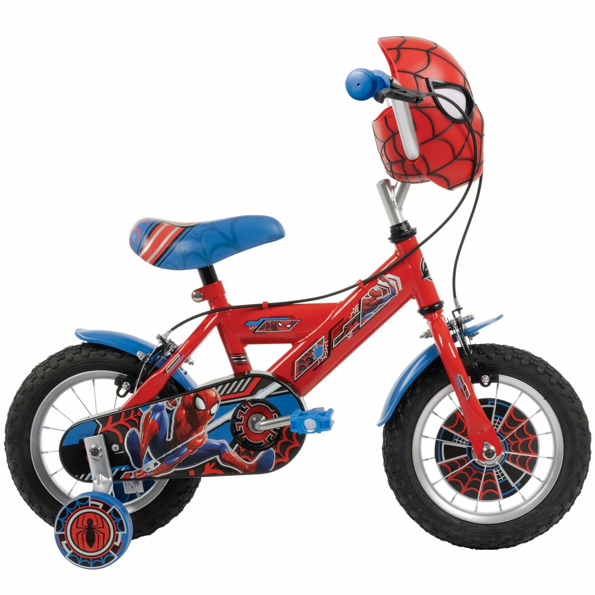 Una bici rossa di Spiderman con rotelle. Vista laterale.