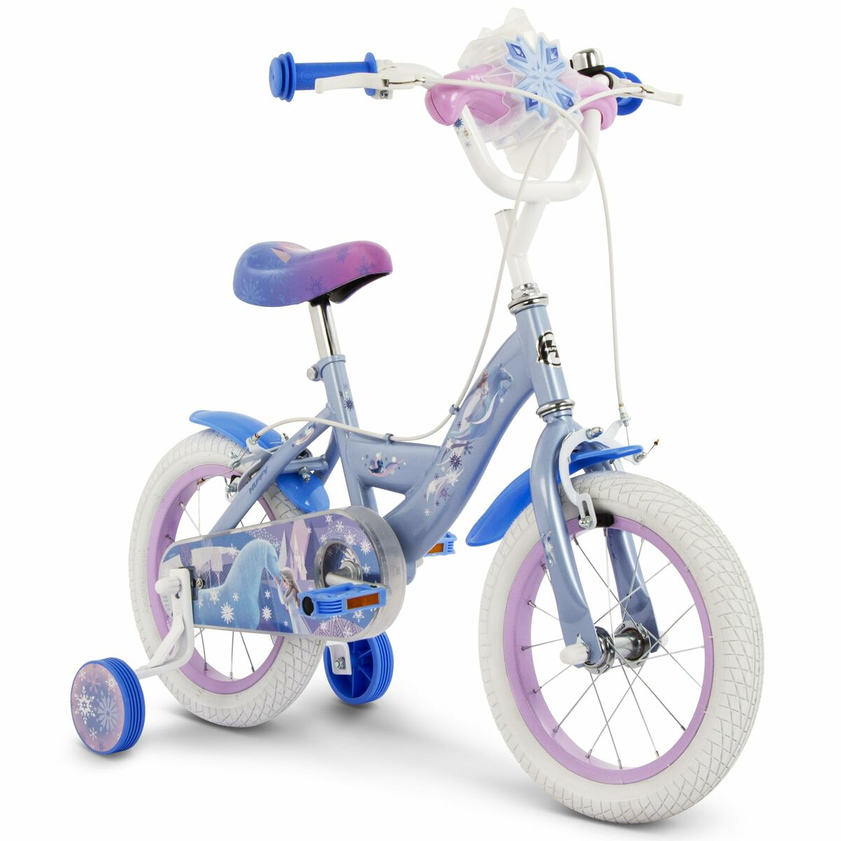 Una bici Frozen blu con pneumatici bianchi e rotelle. Caratteristiche grafiche di Frozen.