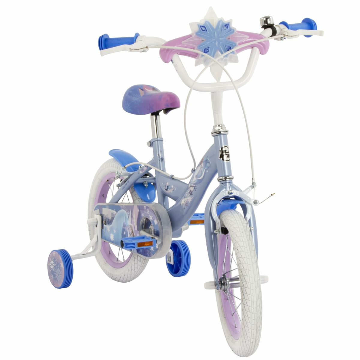 Bicicletta blu e bianca a tema Frozen con rotelle. Ha un telaio azzurro e pneumatici bianchi.