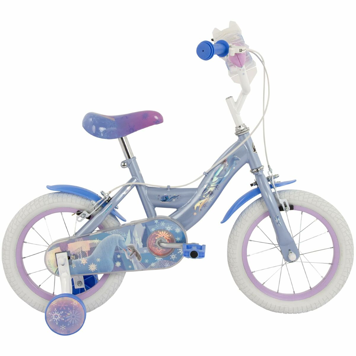 Bicicletta Frozen blu e bianca di lato. Mostra grafiche di Elsa e Anna sul telaio e rotelle.