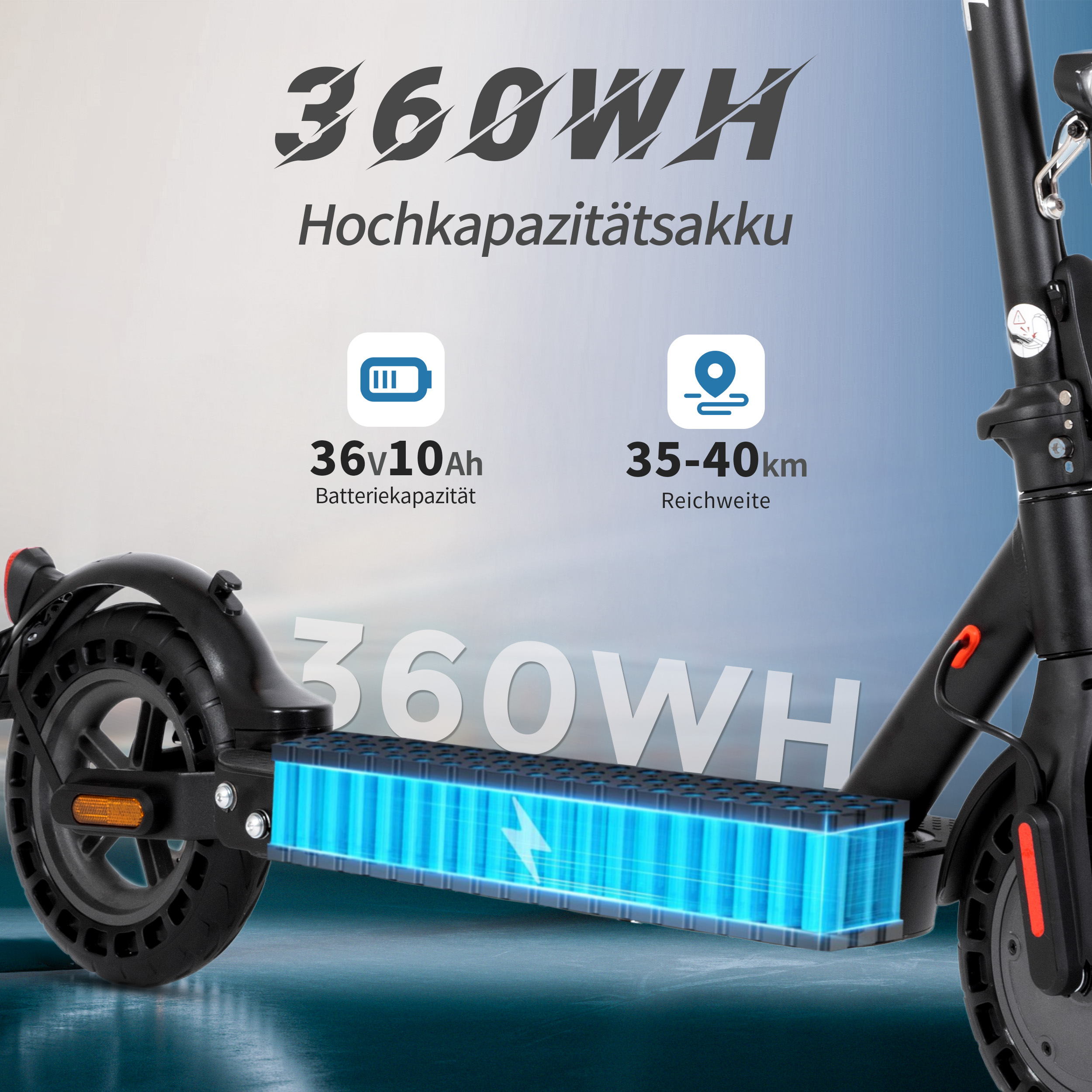 Bild zeigt den Akku des Elektrorollers. Der Text besagt 36V10Ah und eine Reichweite von 35-40 km.