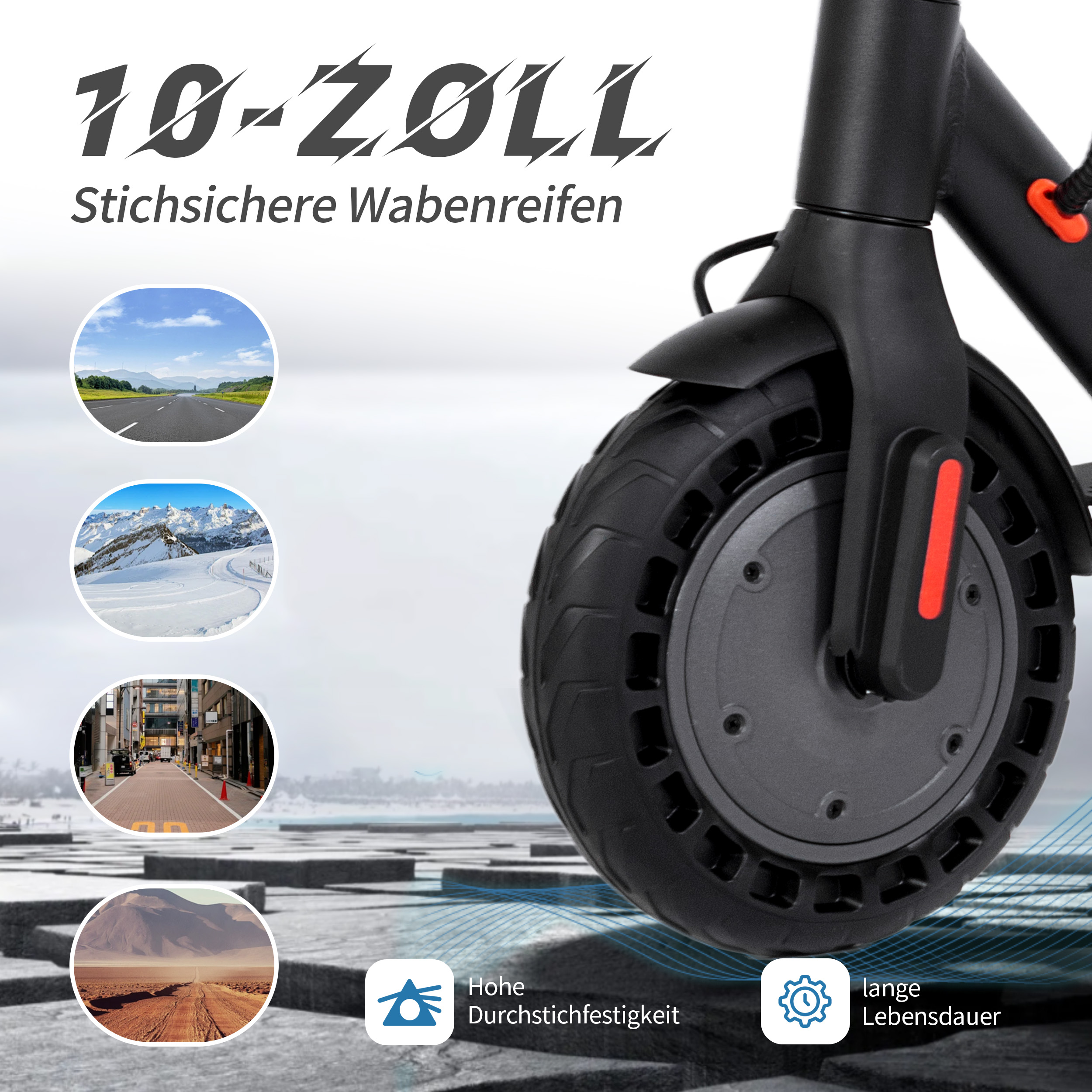 Nahaufnahme eines Elektroroller-Rads, zeigt das Reifenprofil und Szenen von Straßen und Bergen.