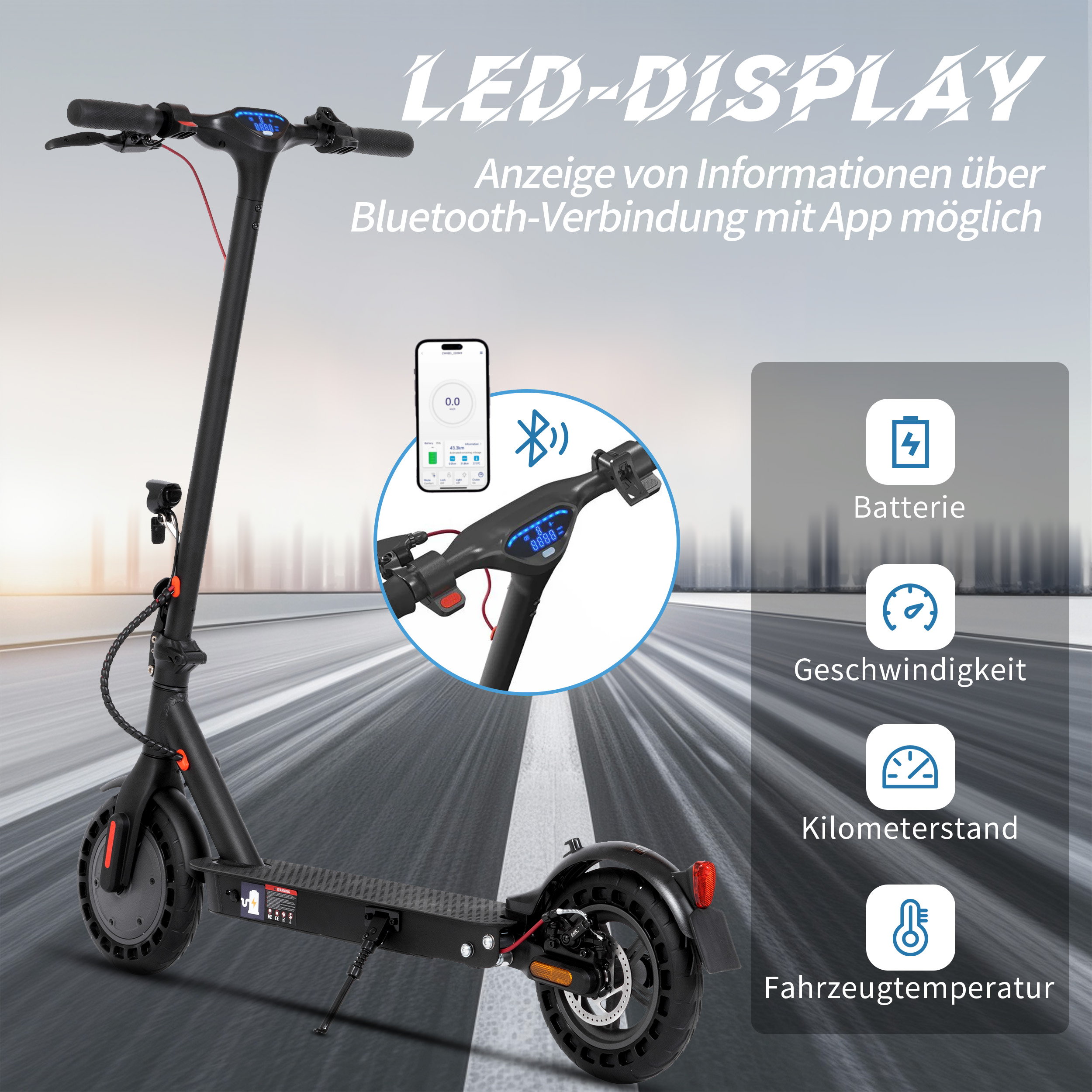 Elektroroller mit LED-Anzeige. Zeigt Batterie-, Geschwindigkeits-, Kilometer- und Temperaturdaten via Bluetooth.