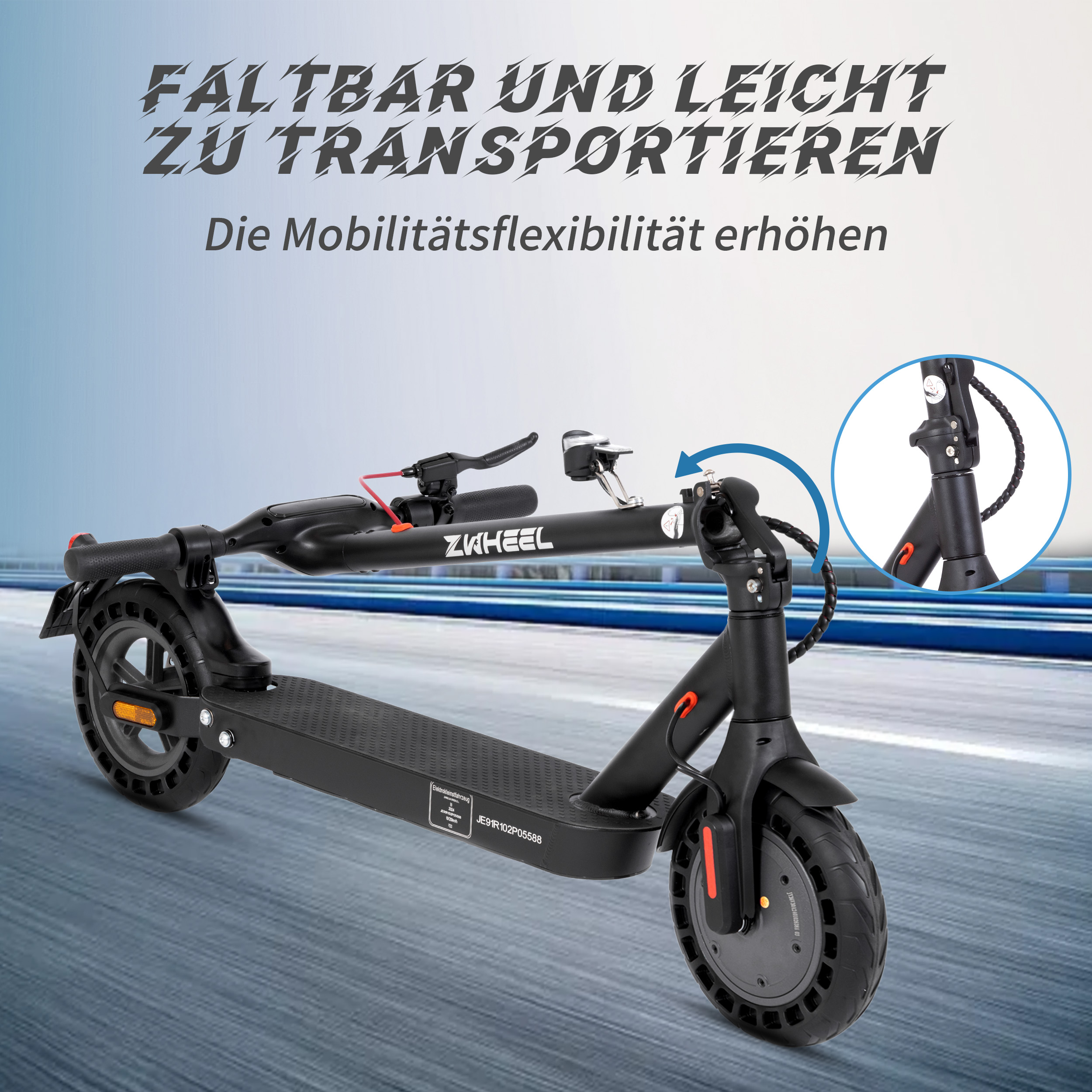 Elektroroller faltbar und leicht zu transportieren. Das Bild zeigt, wie er gefaltet wird und seine gefalteten Abmessungen.