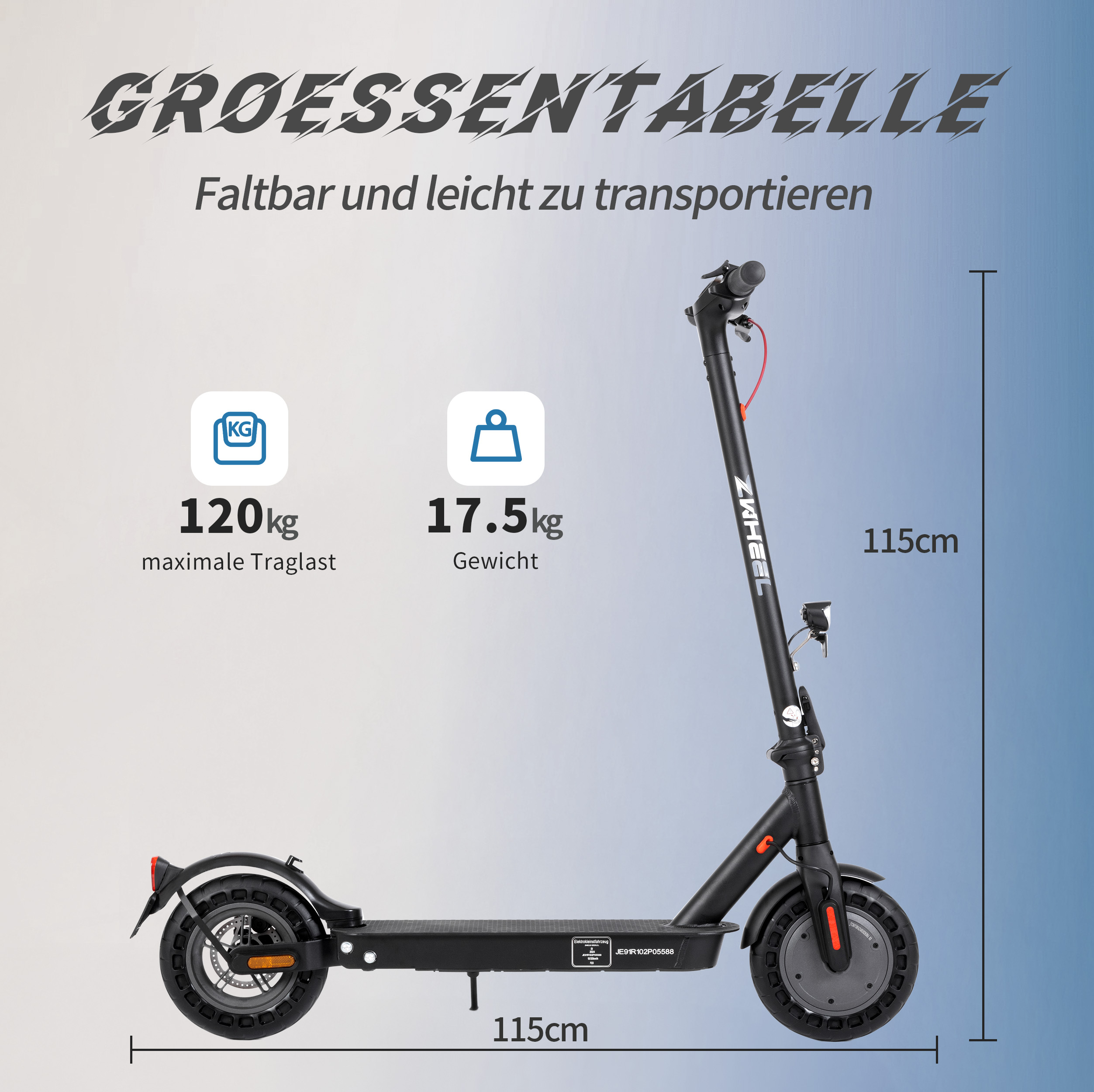 Elektroroller Größentabelle. Zeigt Rollerabmessungen und Tragfähigkeit von 120 kg und 17,5 kg.