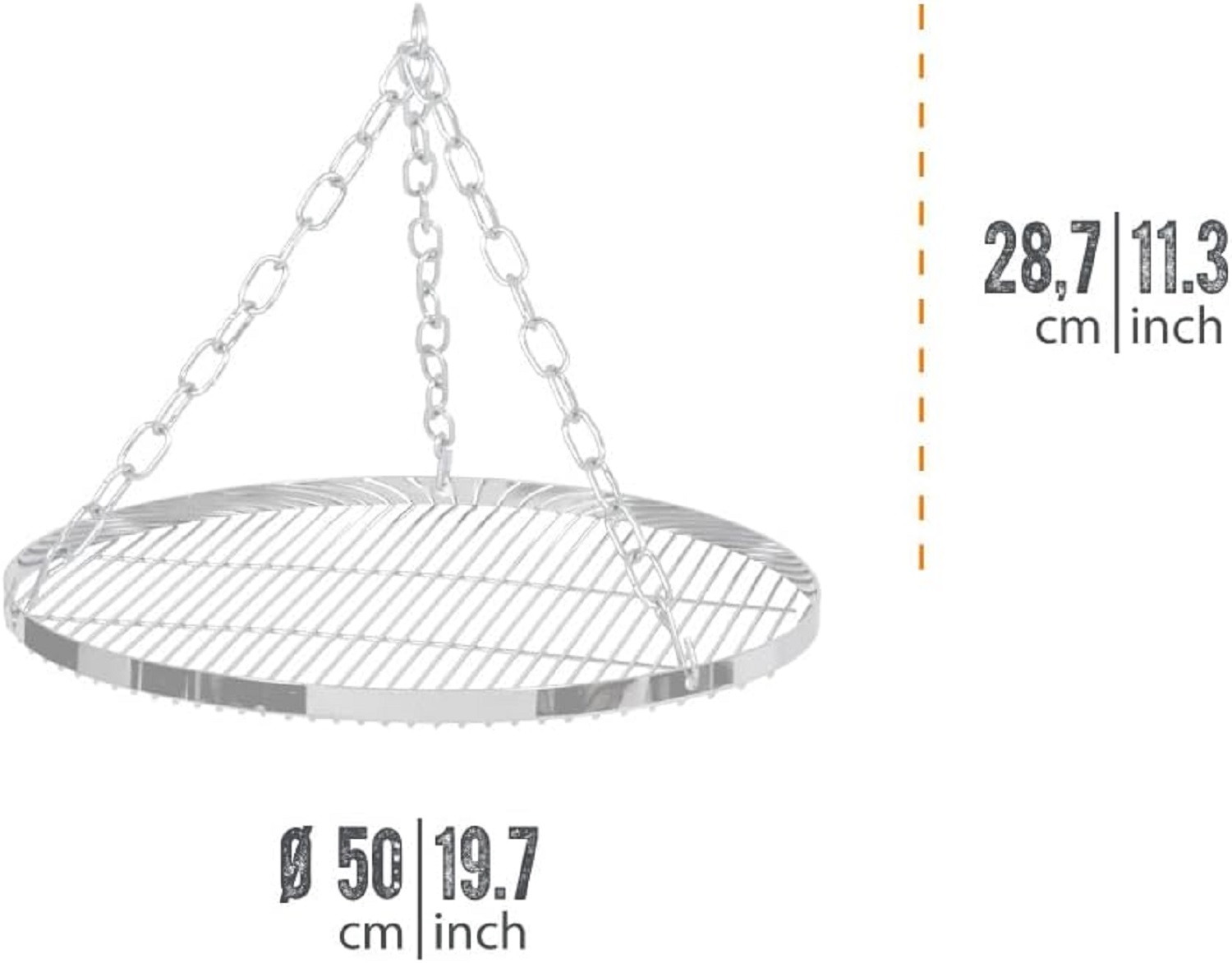 Ein runder Metallgrill, mit Abmessungen: 50 cm/19,7 Zoll Durchmesser und 28,7 cm/11,3 Zoll Hängehöhe.