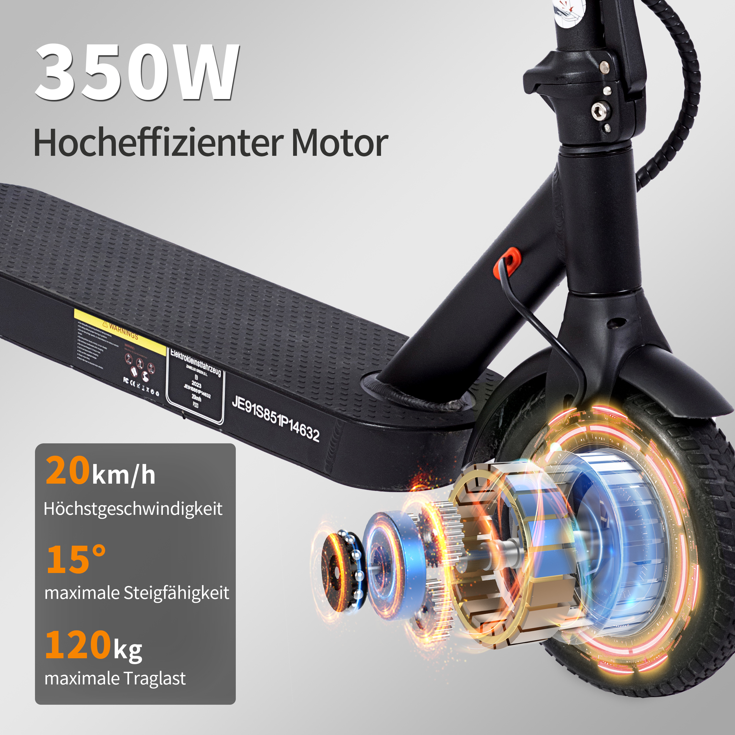 Nahaufnahme des Motors eines Elektrorollers und Spezifikationen: 350W Motor, 20km/h Geschwindigkeit, 15° Steigung, 120kg Belastung.