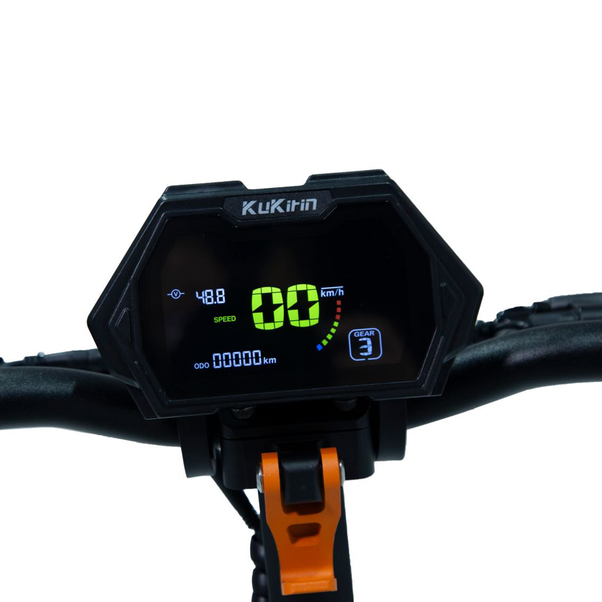 Cyfrowy wyświetlacz skutera pokazujący prędkość i bieg. Wyświetla 00 km/h i bieg 3.