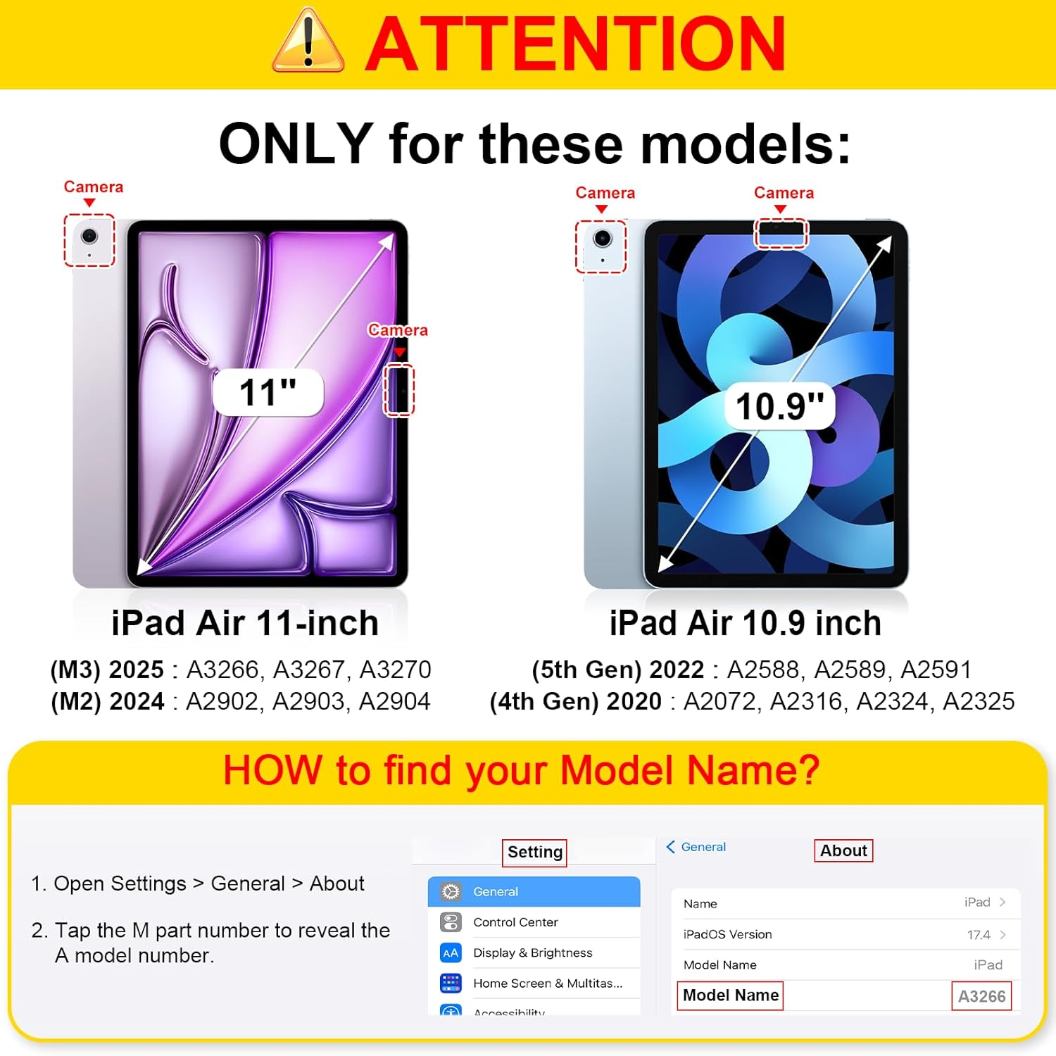 Zwei iPads werden gezeigt, mit Modellnamen und wie man sie findet. Eines ist 11 Zoll, das andere 10,9 Zoll.