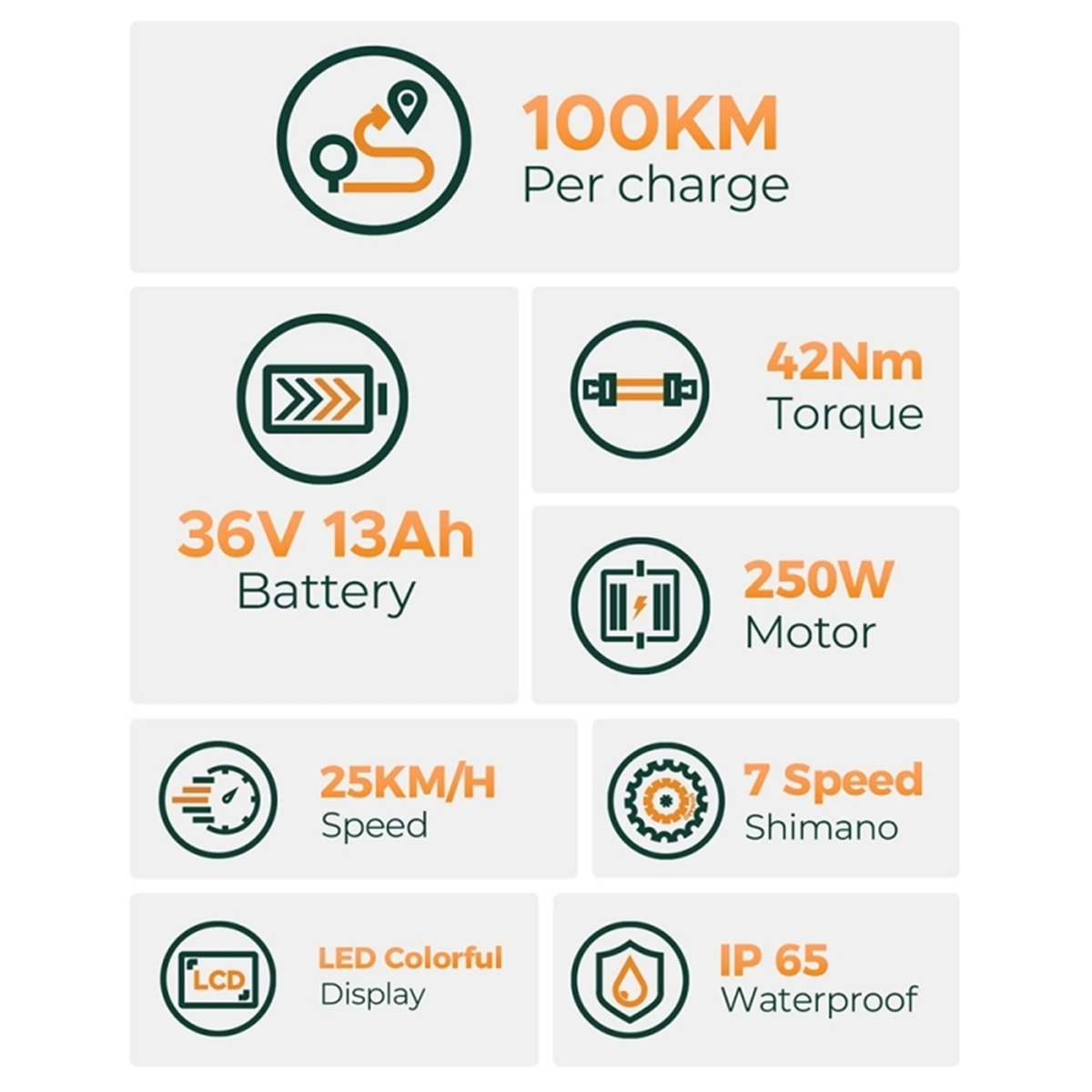 Diagramma con icone e testo sulle specifiche della bici: 100KM per carica, batteria 36V 13Ah, ecc.
