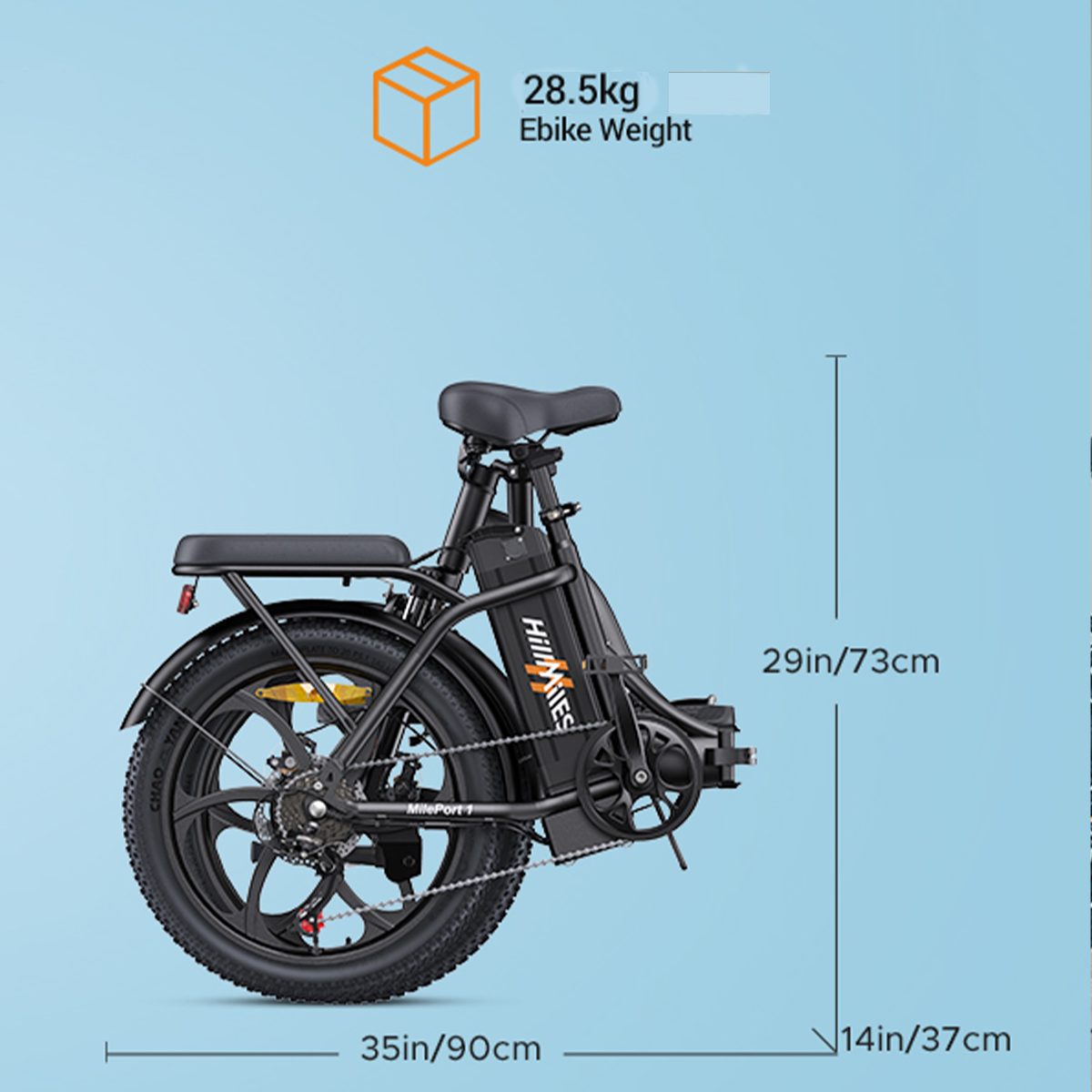 Czarny składany rower elektryczny z wymiarami: 35 cali/90 cm, 29 cali/73 cm, 14 cali/37 cm. Waga 28,5 kg.