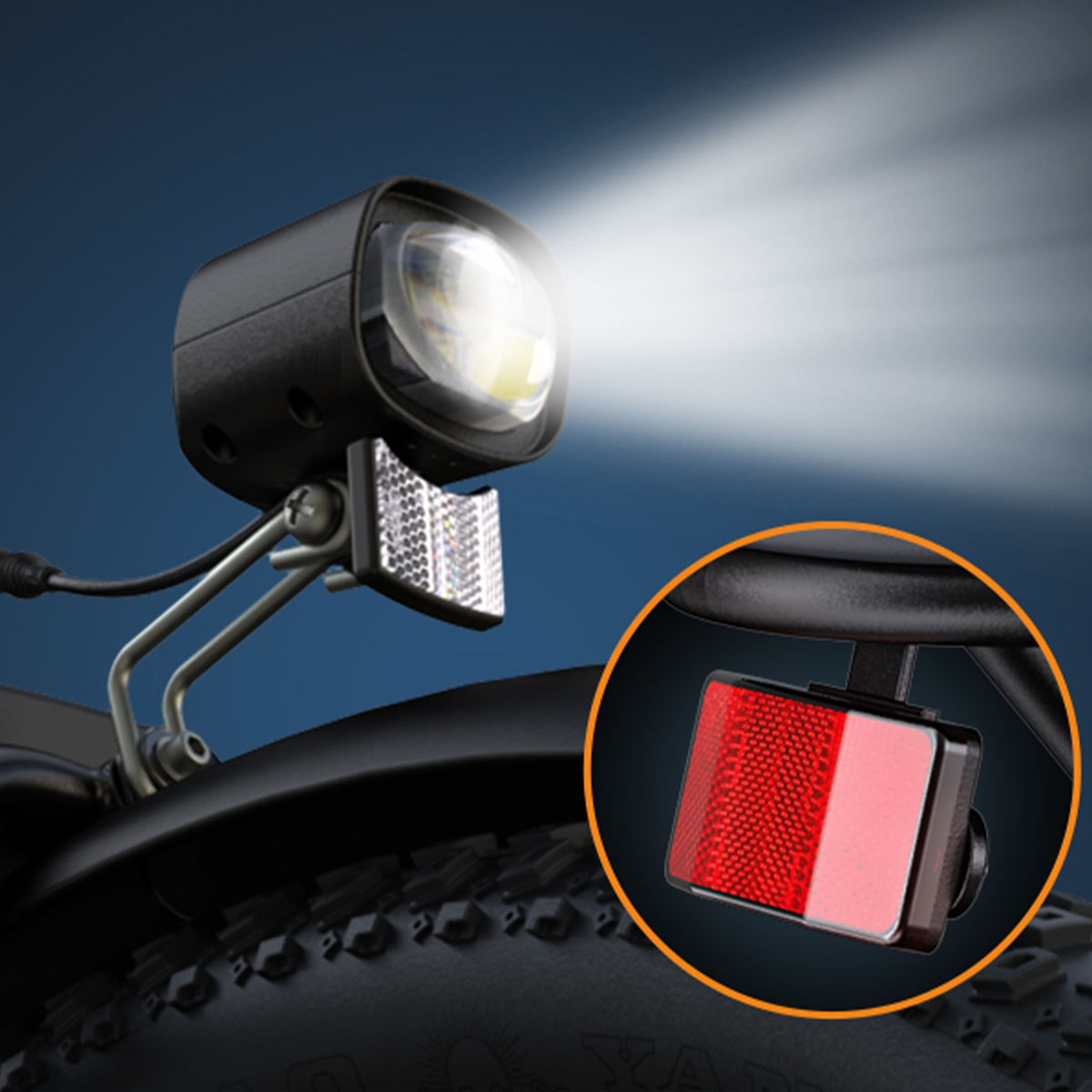 Szczegół reflektora i tylnego odblasku e-roweru. Jasne białe światło emitowane przez przednie światło. Czerwony odblask.