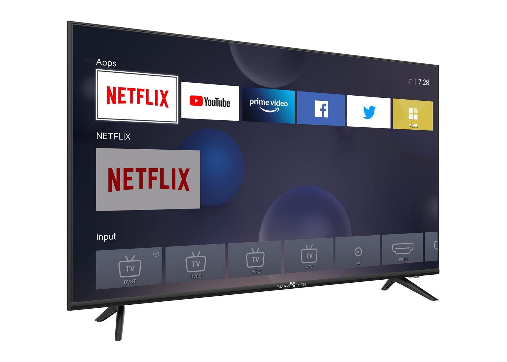 Una TV Smart Tech nera che mostra Netflix, YouTube e altre app. L'ora è 7:28.