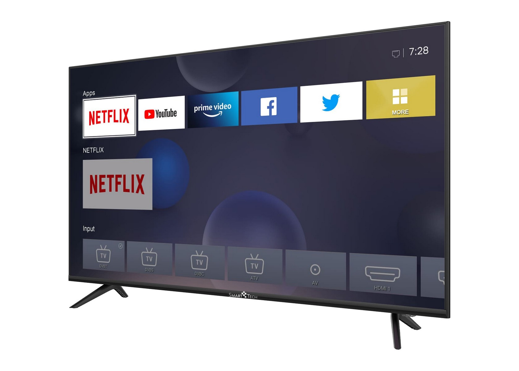 Una Smart Tech TV, che mostra app. Lo schermo mostra Netflix, YouTube e altro. L'ora è 7:28.