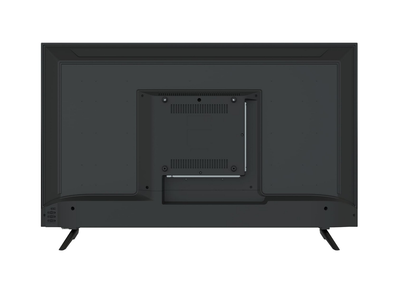Il retro di una TV Smart Tech nera con supporto e porte visibili.