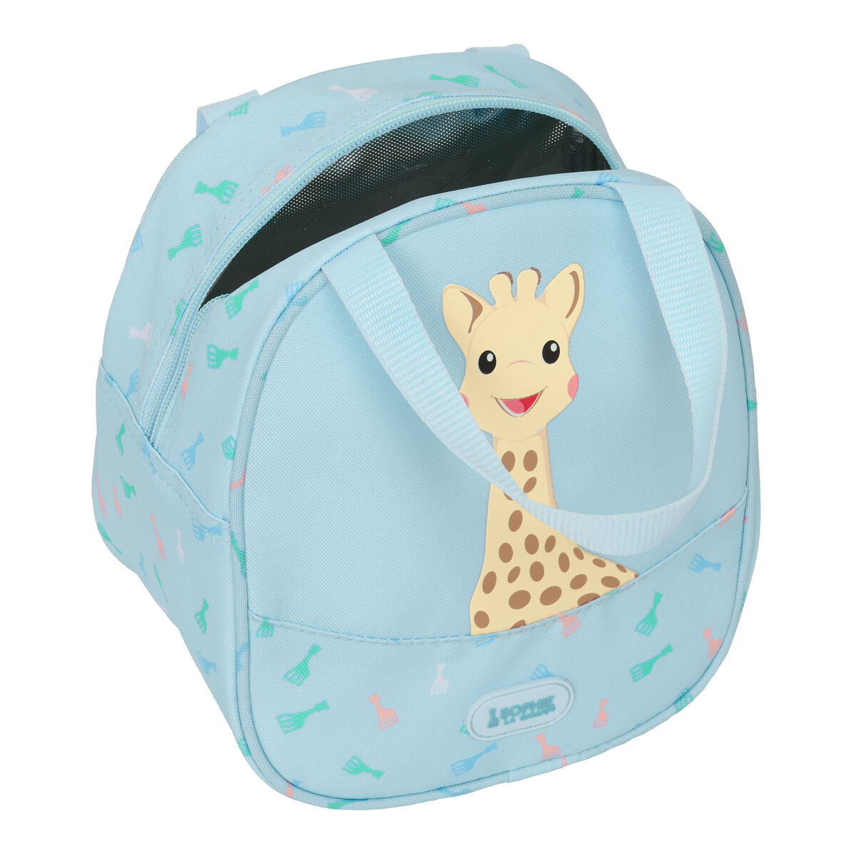 Eine hellblaue Lunchtasche mit Giraffendesign auf der Vorderseite. Sie hat einen Griff und einen Reißverschluss.