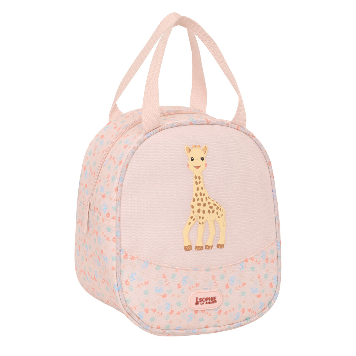 Eine rosa Lunchtasche mit Giraffendesign. Sie hat einen Griff, einen Reißverschluss und Blumenmuster.