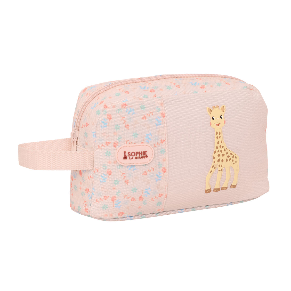 Eine pinke Kosmetiktasche mit Giraffendesign und Blumenmustern. Sie hat einen Griff und einen Reißverschluss.