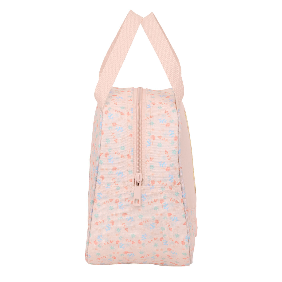 Eine rosa Lunchtasche mit Blumenmuster, Reißverschluss und Griff. Sie hat ein Giraffendesign.