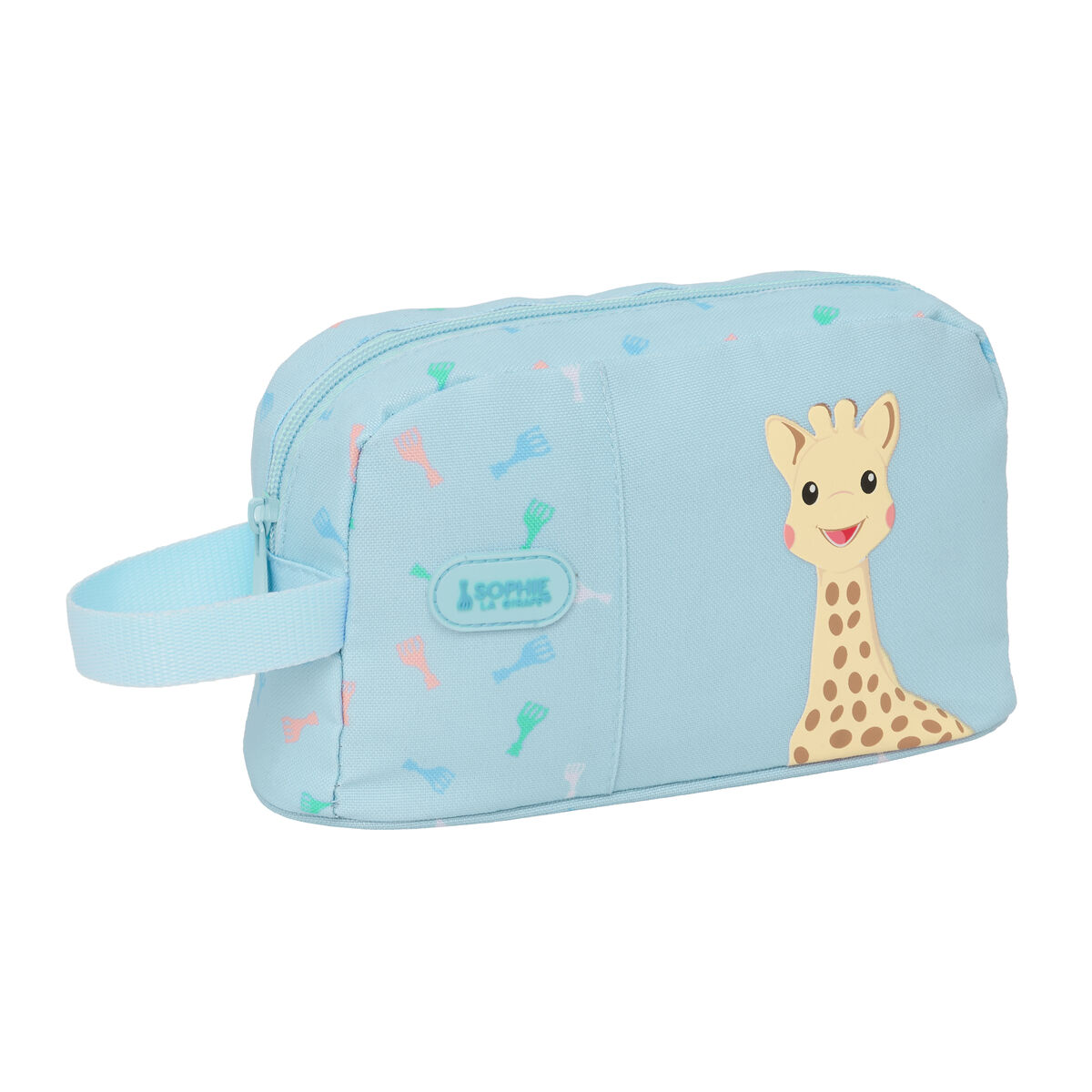 Eine hellblaue Kosmetiktasche mit Giraffendesign. Sie hat einen Griff, einen Reißverschluss und ein Gabelmuster.