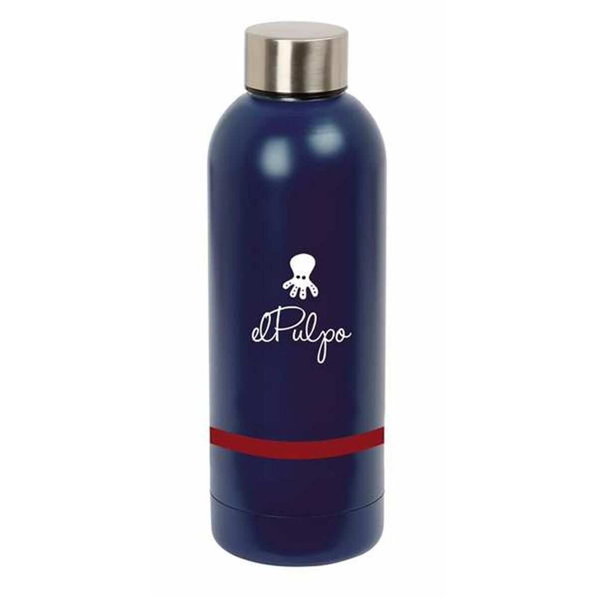 Eine marineblaue Wasserflasche mit silbernem Deckel. Sie hat ein weißes Oktopus-Logo und einen roten Streifen.