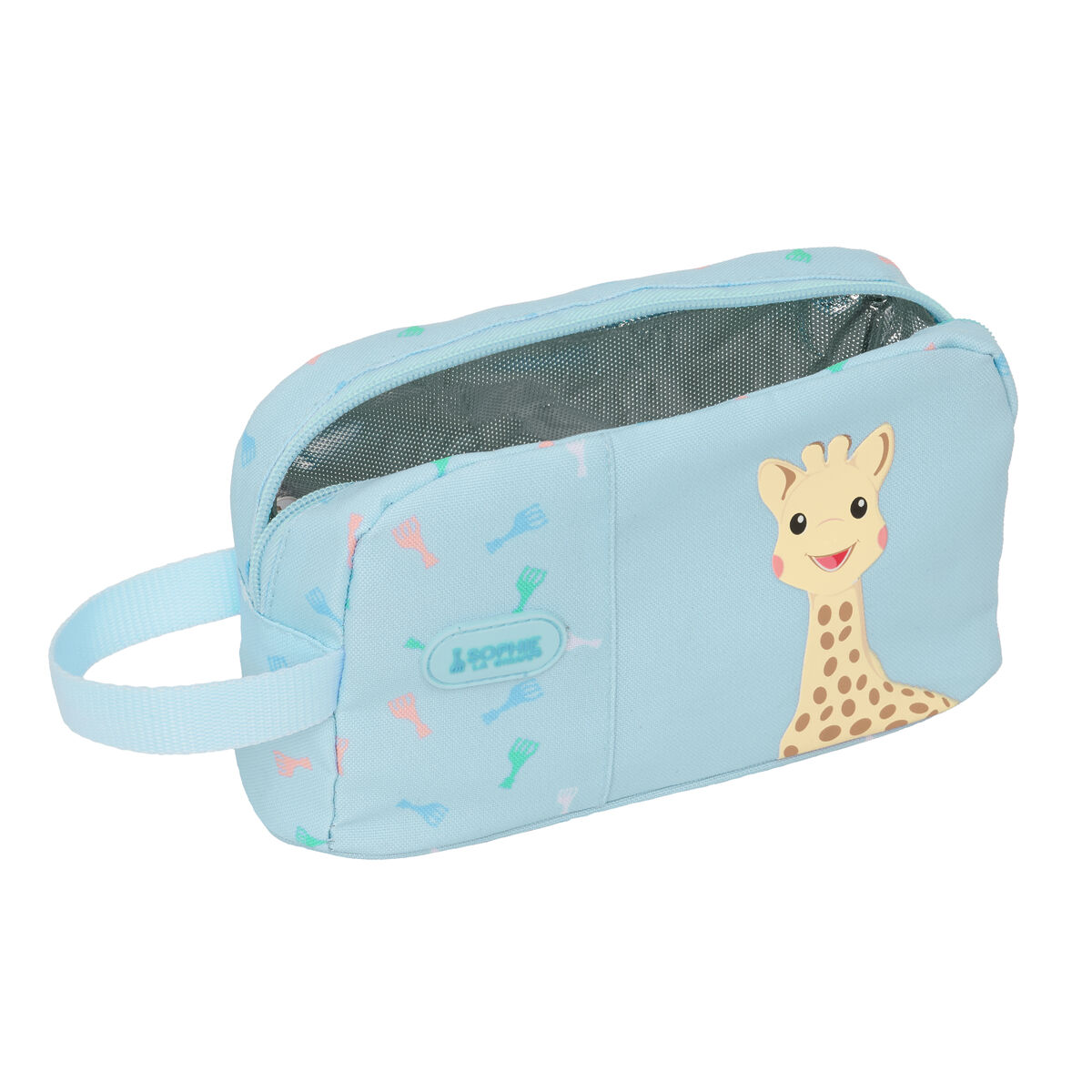 Eine hellblaue Kosmetiktasche mit Giraffendesign und Griff. Sie hat einen Reißverschluss und ein Gabelmuster.