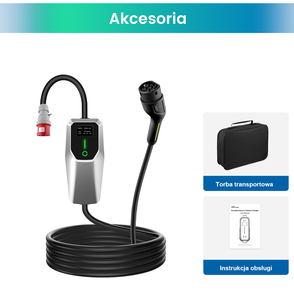 Ładowarka do pojazdów elektrycznych z kablem, wtyczką, torbą transportową i instrukcją na białym tle.