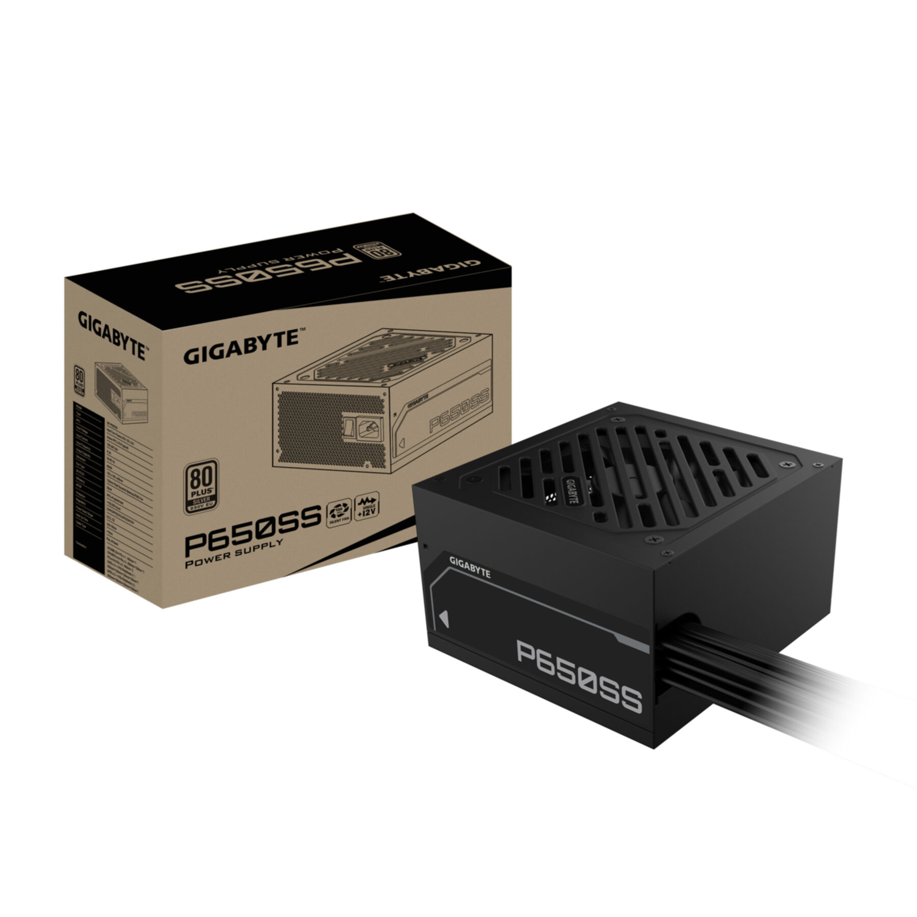 Czarny zasilacz Gigabyte P650SS, pudełko po lewej. Zasilacz ma kable.