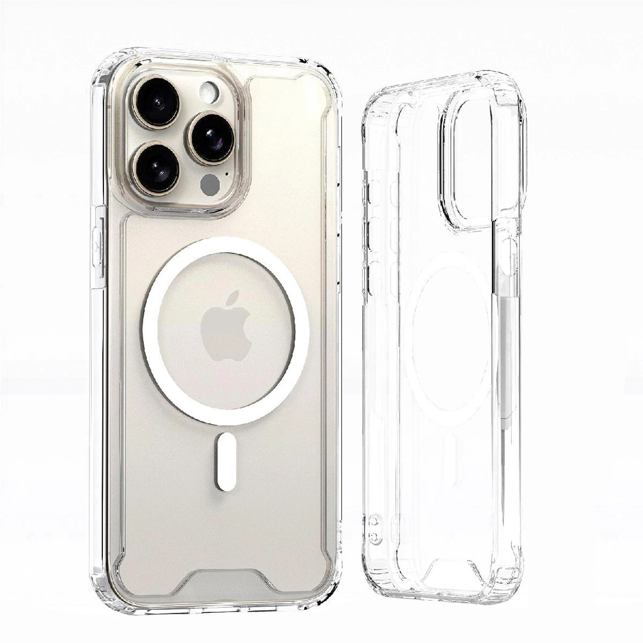 Przezroczyste etui na telefon z trzema obiektywami aparatu i białym logo Apple z tyłu.