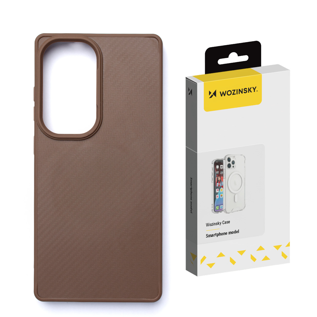 Brązowe etui na telefon obok białego pudełka z napisem 'Wozinsky', ze zdjęciem etui.