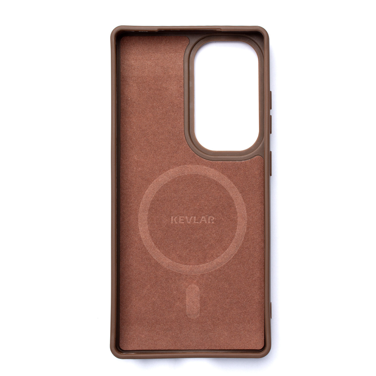 Wnętrze brązowego etui na telefon z tekstem 'KEVLAR' i okręgiem, na białym tle.
